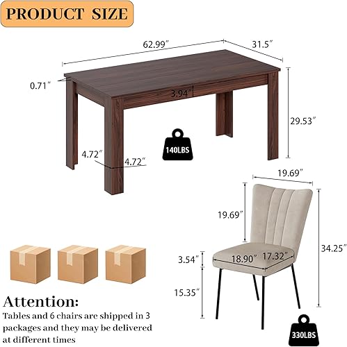 Miniatura 8 de Juego de Mesa de Comedor de 62.9" para 6, Juego de Mesa de Cocina de Tablero MDF con 6 Sillas de Comedor de Tela, Juego de Mesa de Cocina y Comedor