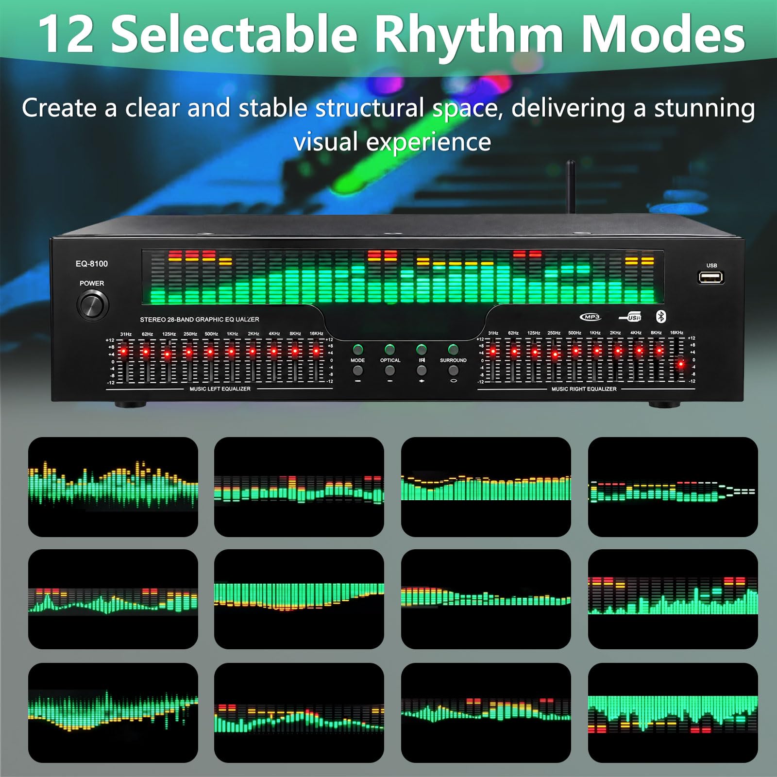 31 pasm korektora graficznego z wyświetlaczem widma LED, 12 wzorów rytmicznych | Podwójny 10-segmentowy niezależny tuning, Bluetooth 5.3 Optical Coaxial Digital Audio Decoding, do stadionu, studia nagrań