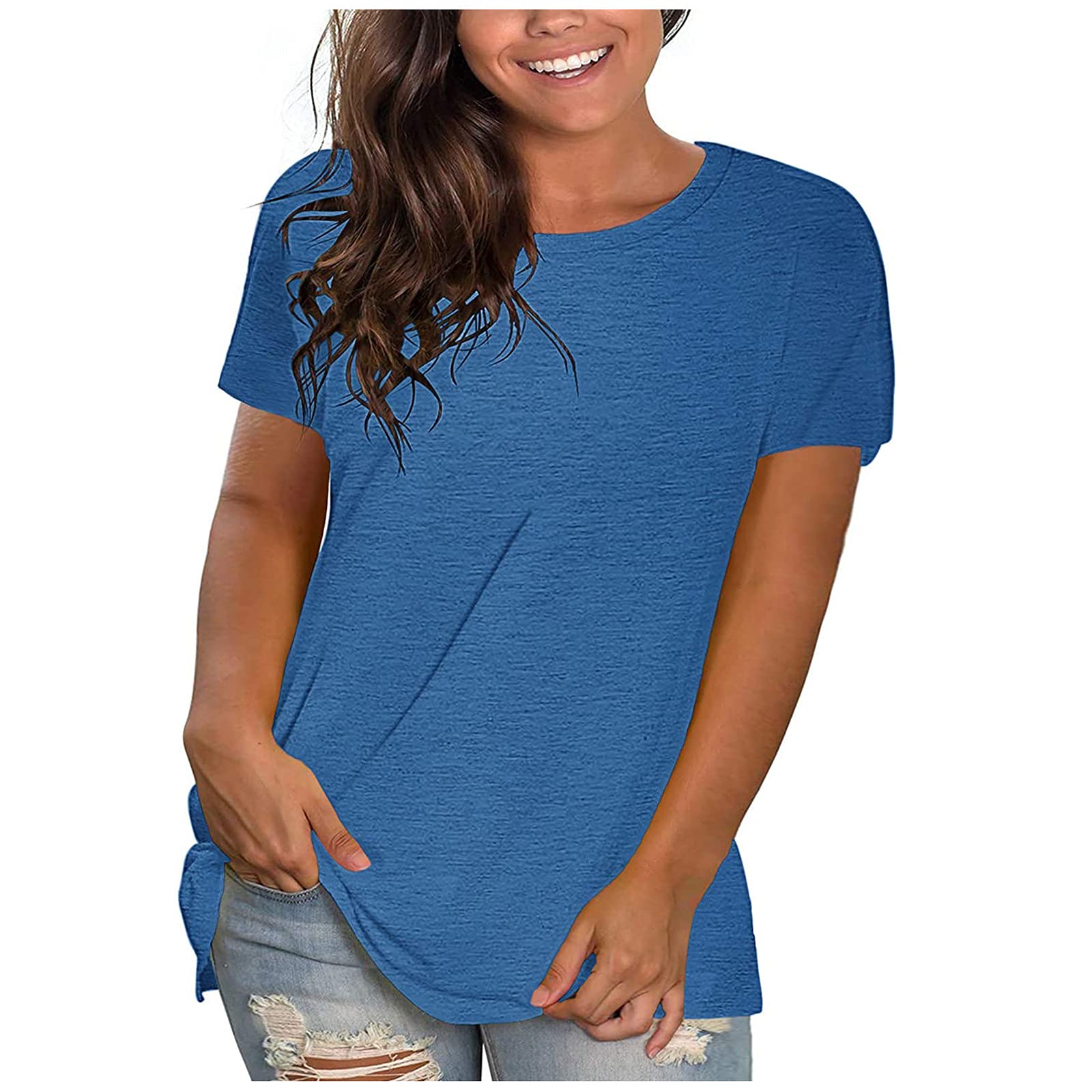 Womens T Shirts Short Sleeve Crewneck Loose Fit Tshirts Summer Casual Plus Size Solid Tunic Tees Basic Pullover Tops