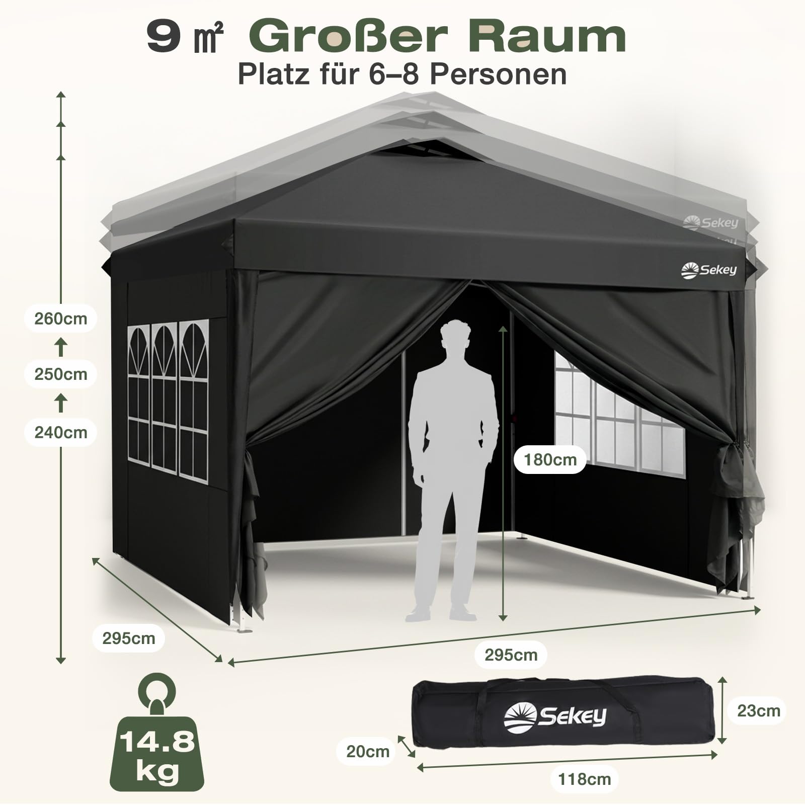 Sekey Tonnelle Pop-up 3 x 3 m, étanche, Stable, résistante à l'hiver, Pliable, 3 x 3 m, avec parois latérales, Hauteur réglable en 3 Niveaux (Noir, 3x3 avec parois latérales)