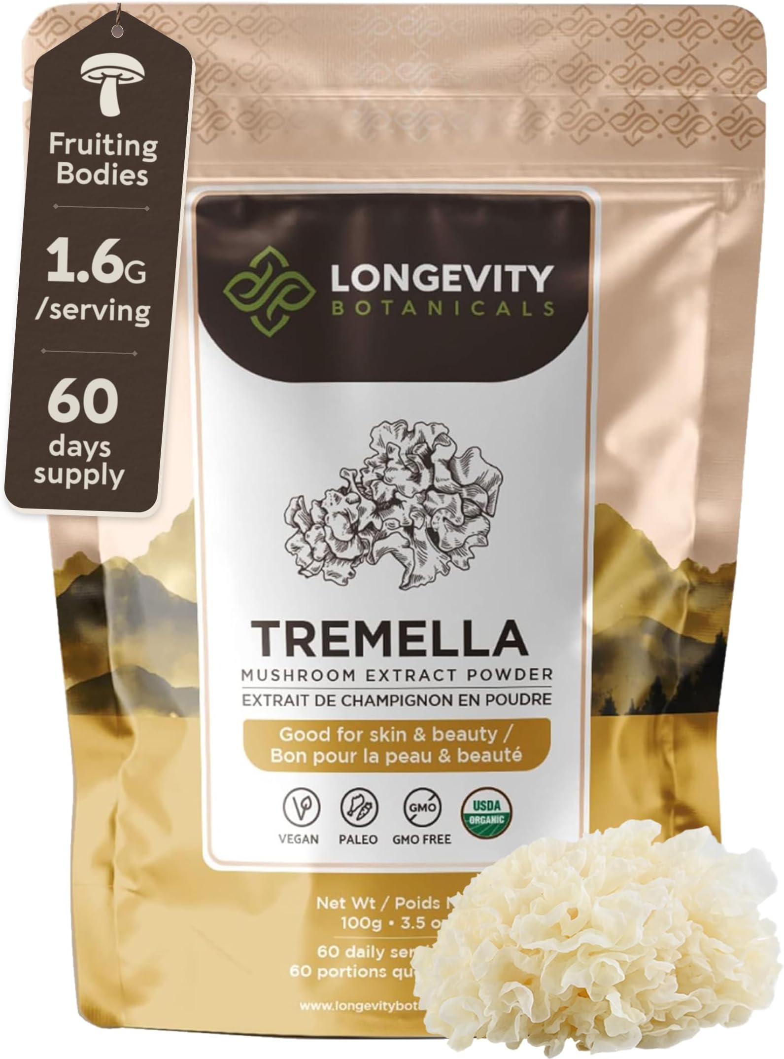 Longevity Botanicals Organic Tremella Mushroom Powder - Ultra Concentrated Tremella Mushroom Supplement - Promotes Healthy Skin and Memory - 100% Fruiting Body - 3.5 oz (100gr) -