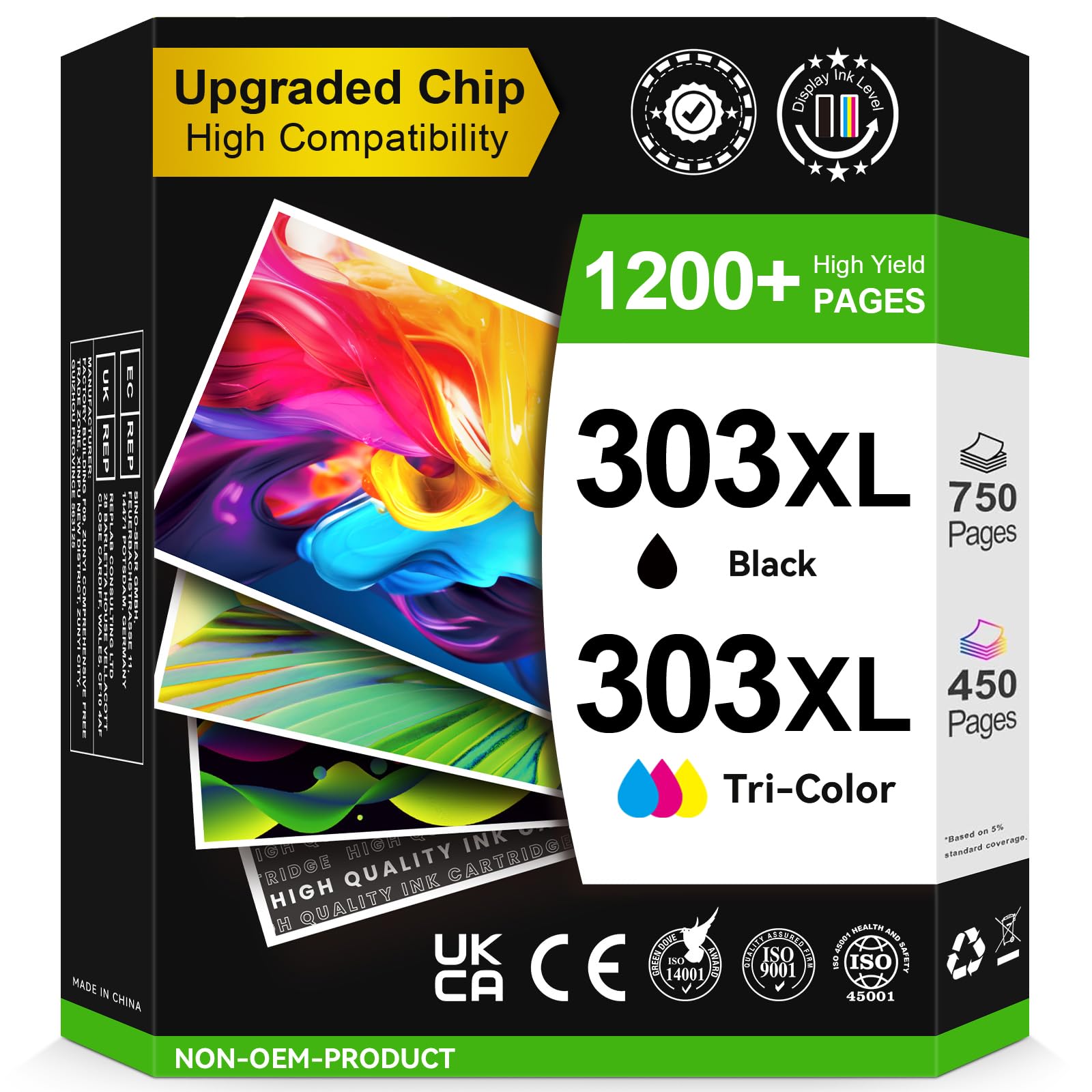Sunnieink Cartuchos 303XL BK/CMY - 750/450+ Páginas, Reemplazo para Originale Tinta HP 303 Negro & Color, para HP Envy Inspire 7220e 7920e 7924e Envy Photo 6220 6230 6232 7120 7830 7930 Tango X