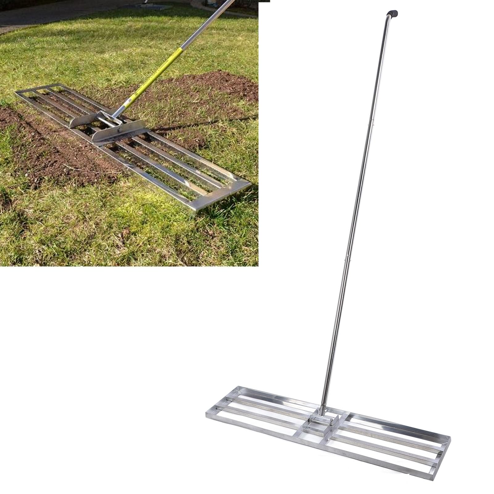 Rastrillo nivelador de césped de acero inoxidable, promueve el crecimiento del césped, permite cubrir un área más grande cada vez, herramienta de mantenimiento del césped para patio, jardín