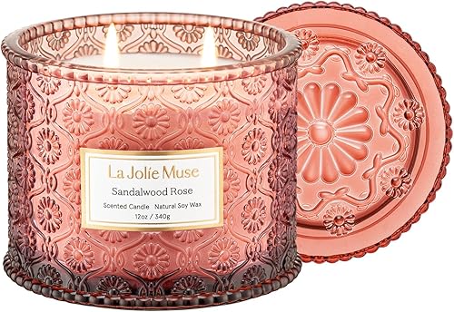 LA JOLIE MUSE Vela perfumada, vela de rosa de sándalo, vela de soja grande de 2 mechas para aromaterapia, regalos de velas, largo tiempo de