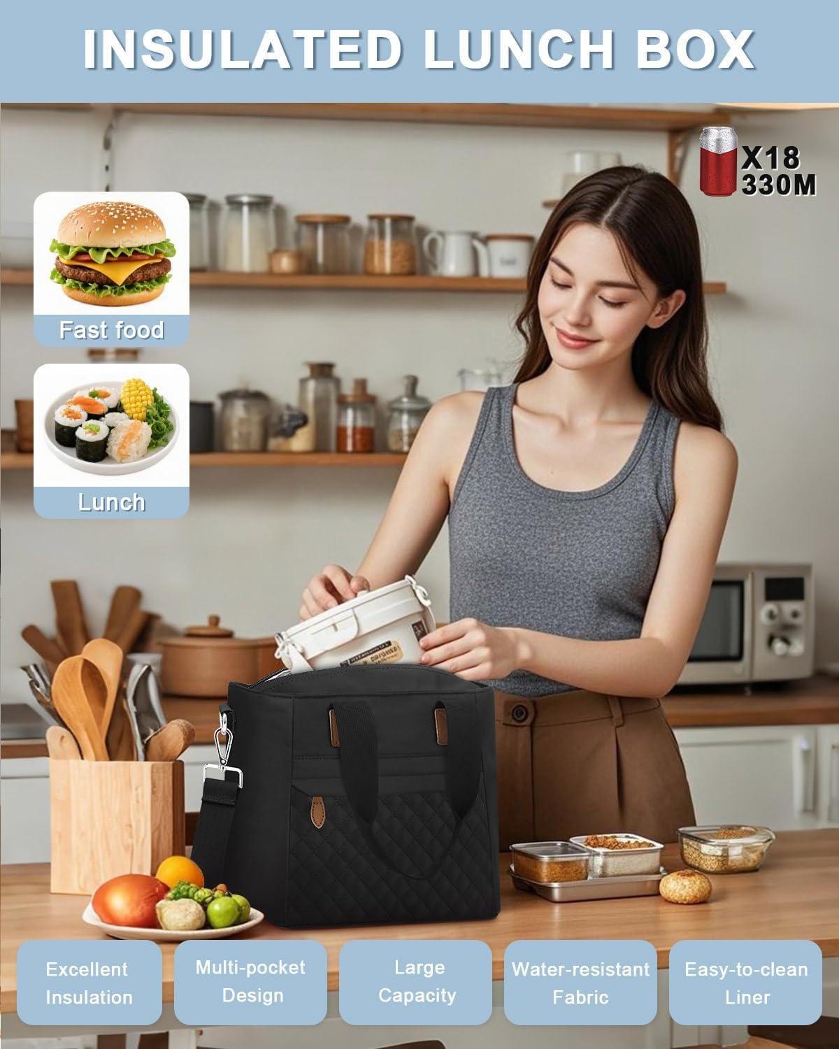 Insulated Lunch Box for Women & Men - Large Thermal Lunch Bag Women with Removable Shoulder Strap, Reusable Lunch Cooler Tote Bags Purse for Adults Work, Picnic, Hiking, Beach, Travel, Medium,Black - Image 3