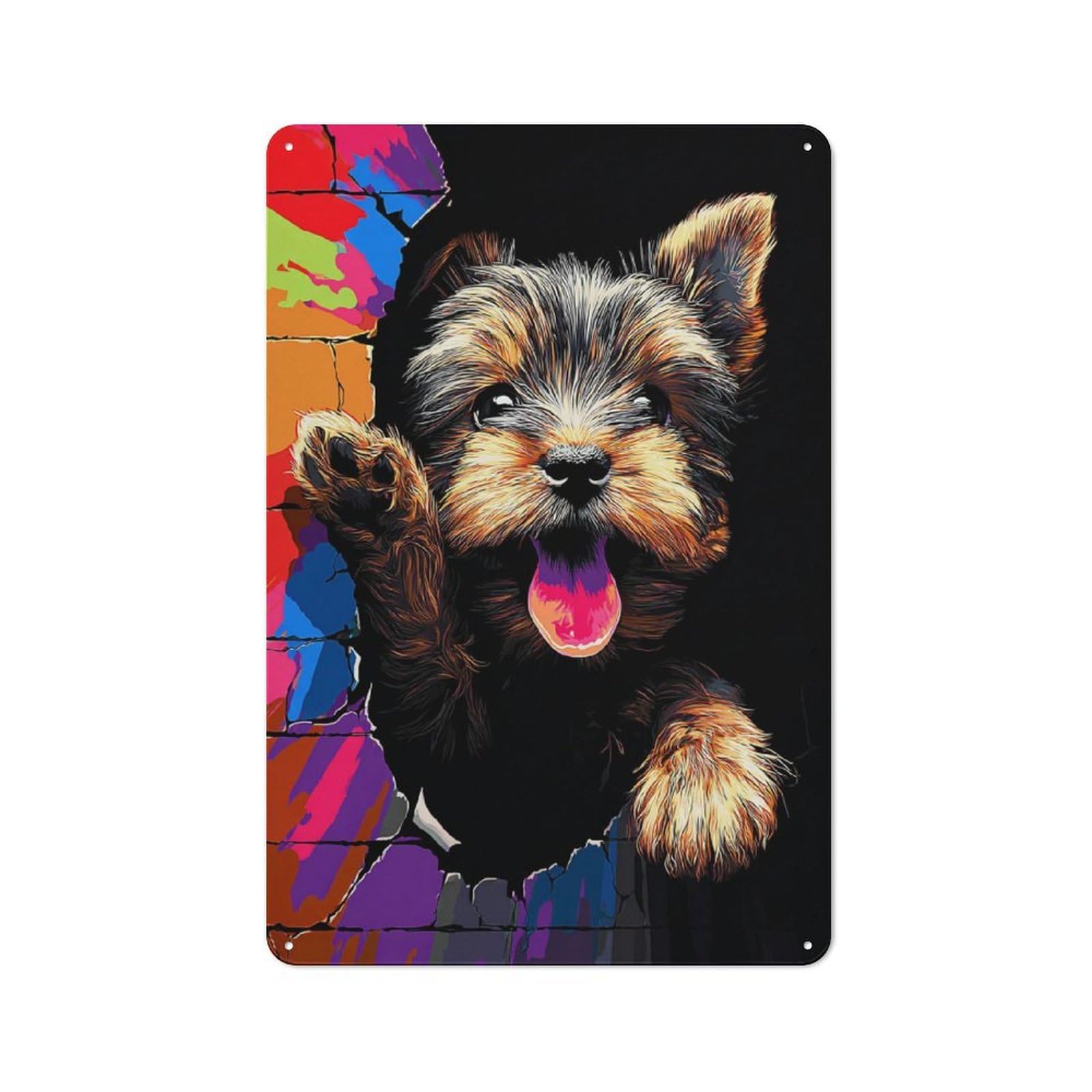 Junmoney Colorful Yorkie Breaking Through Wall -2 Vintage Bistro Metal Sign 30X20cm, Bistro Wall Plaque For Takeaway, Bar, Kitchen Or Counter Area