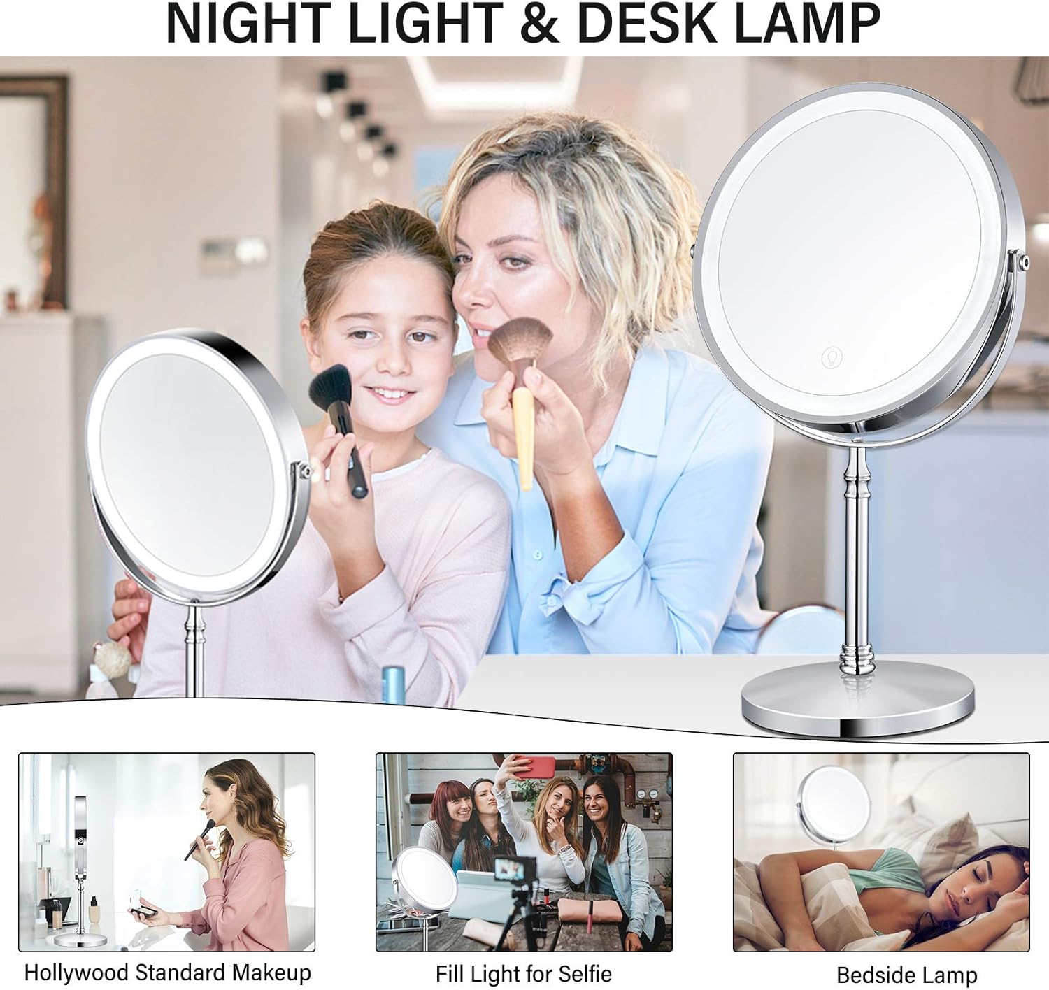 AMZTOLIFE 8" Lighted Makeup Mirror, 10X Makeup Mirror with Lights, Double Sided Dimmable Magnifying Mirror with Light, Rechargeable and Brightness Adjustable, Cordless Vanity Mirror with Lights -