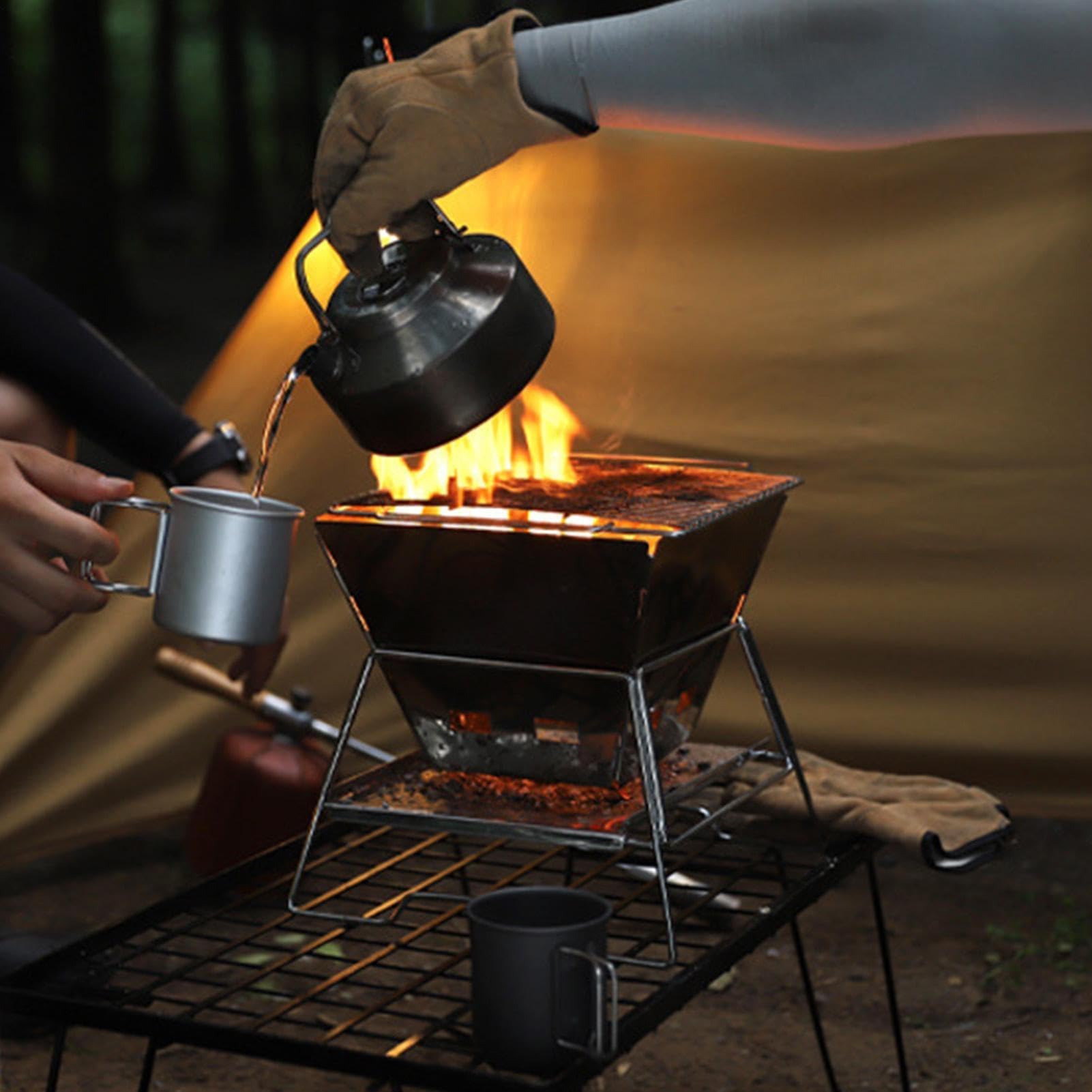 Mini stufa a legna da campeggio, griglia a legna, in acciaio inox, pieghevole, per barbecue e patio, design portatile e pratico per avventure all'aperto