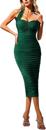 VFSHOW Womens 2025 Halter Off Shoulder Cocktail Ruched Bodycon Midi Dress Sexy Backless Slim Fitted Wedding Guest Dresses