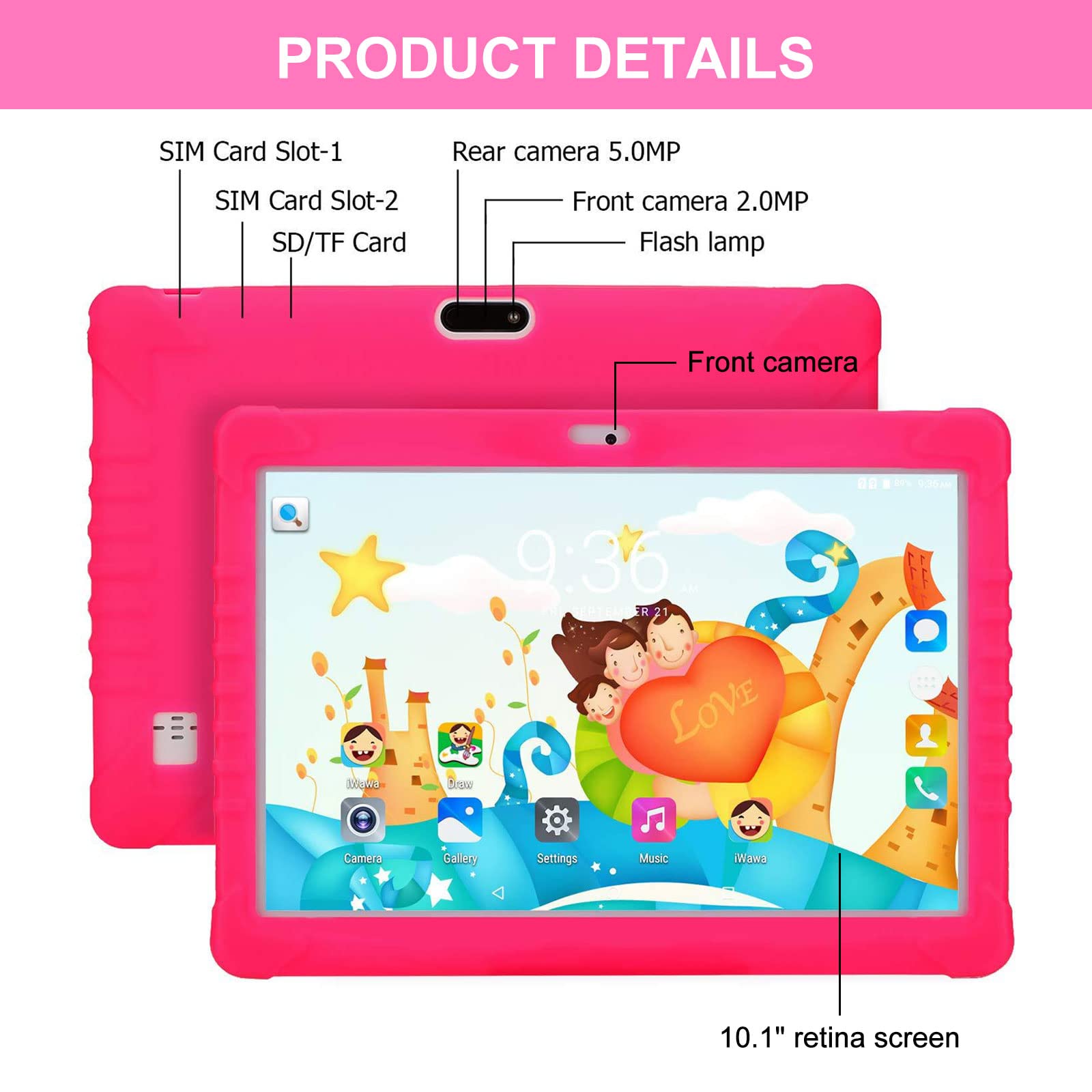 Touch Kids Tablet Pro Kid Tablet Pad tablet edukacyjny dla dzieci, 1 GB + 16 GB, Android 8.1, ekran dotykowy IPS 10", Google Play, 16 GB SD, rysik, fabrycznie zainstalowany z etui ochronnym (różowy)