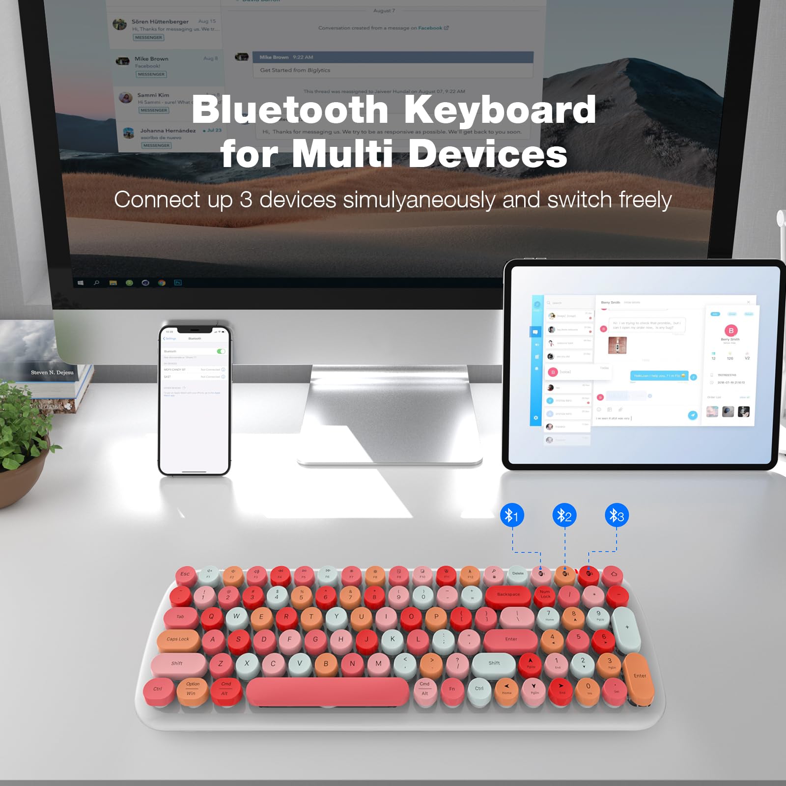 KNOWSQT Tastiera Bluetooth per computer, bianca, wireless, stile tipo macchina da scrivere, 100 tasti rotondi, compatibile con Windows, laptop, PC, tablet, iPad, iPhone e Chrome