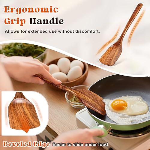 Miniatura 2 de Juego de 2 espátulas de madera, espátula de acacia maciza y ranurada, espátulas planas de mango largo, regalo de cocina ideal para madre y abuela,