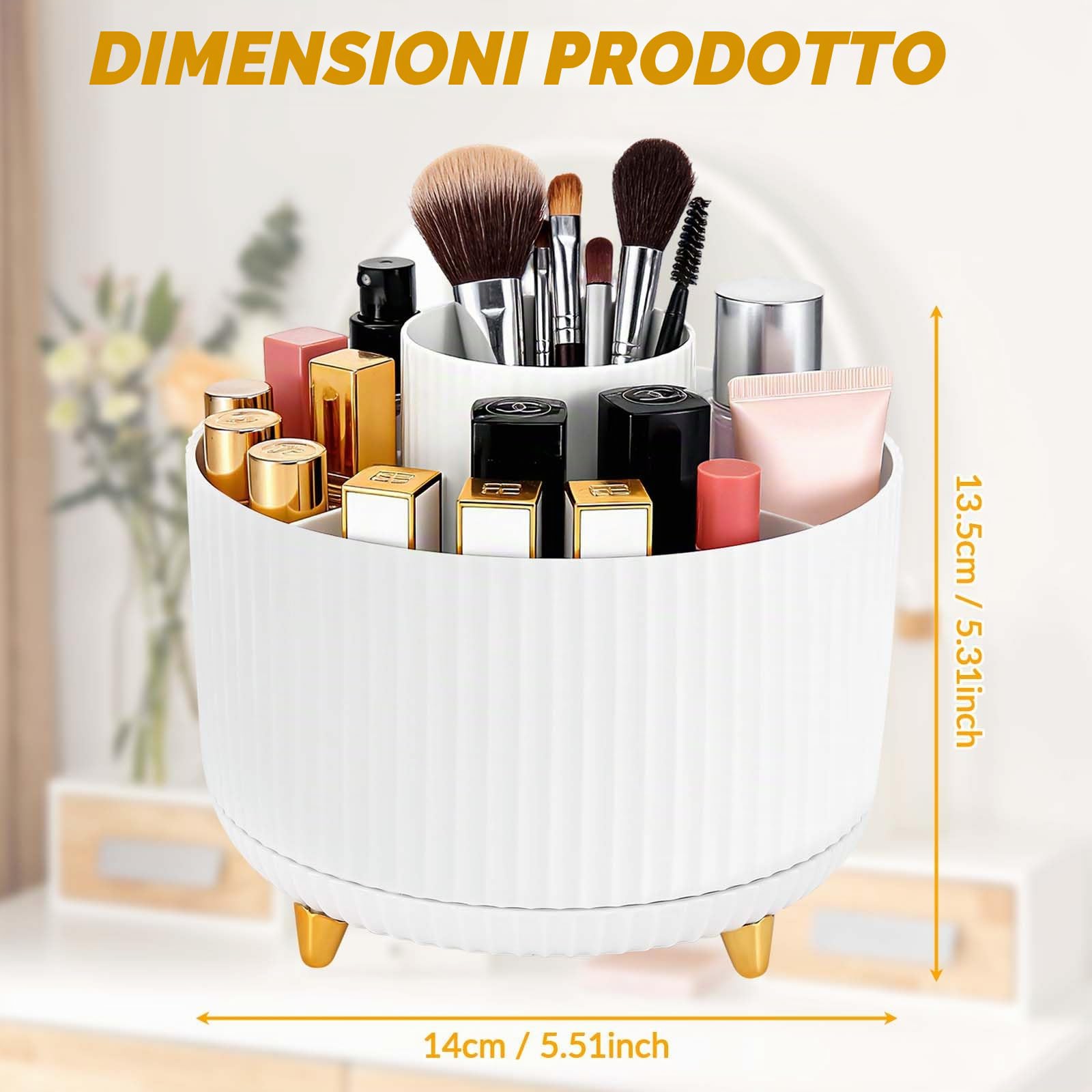 360° Rotante Porta Trucchi Organizer, Spazzola per Trucco 5 Griglie, Multifunzione Organizer per Trucco Cosmetico, Organizer Girevole per Comò, Camera da Letto, Bagno (Bianco)