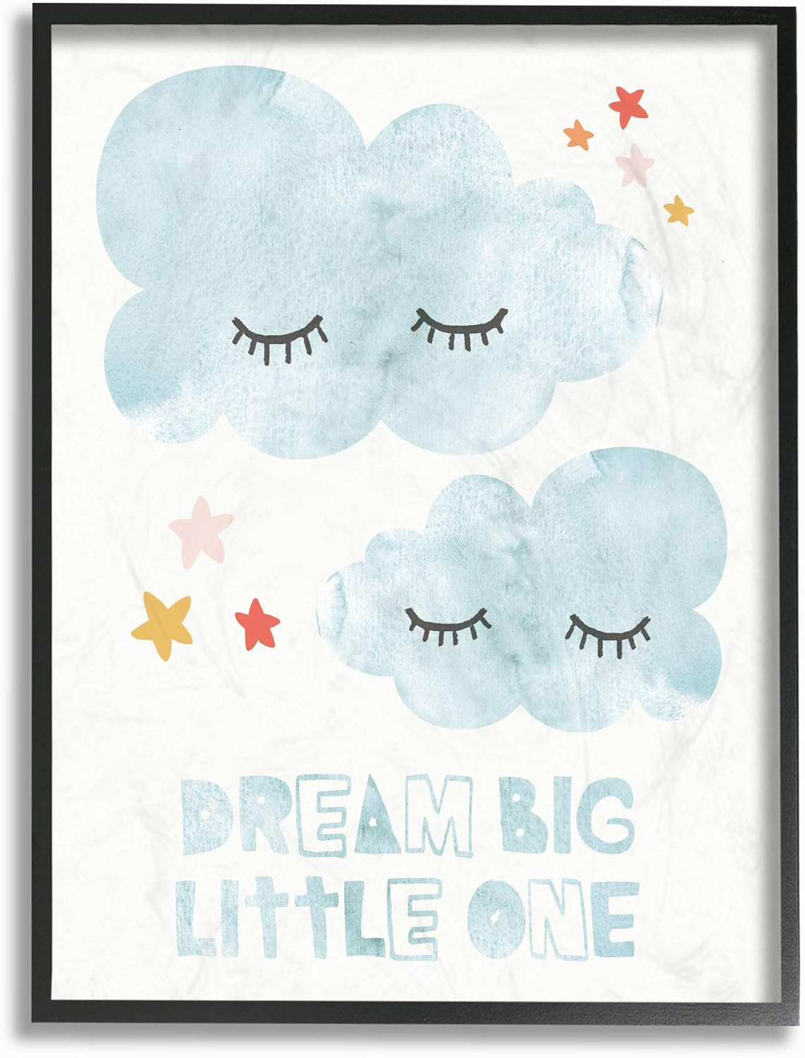 Stupell Industries The Kids Room Dream Big Little One Mod Blue Clouds with Eyelashes Framed Texturized Art, 24 x 30, Proudly Made in USA, Multicolor