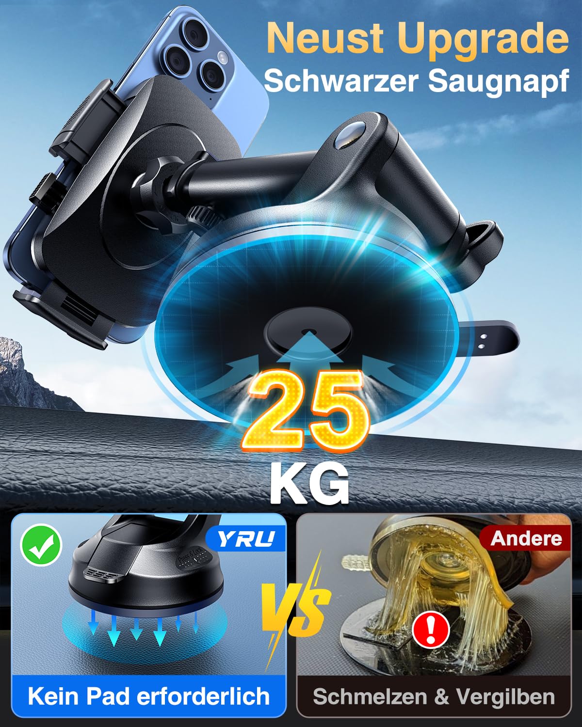 [2026 Militär-Klasse] YRU Handyhalterung Auto Handy Halterung Auto [Stärkst Saugnapf & Clip] Universal Auto Handyhalterung Armaturenbrett Scheibe Lüftung für iPhone 17 Pro 16 Samsung S25 ultra Schwarz