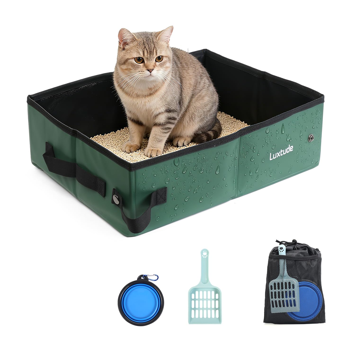 Luxtude Travel Litter Box for Cats in Car, Collapsible & Portable Litter Box for Cats,No Smell, Waterproof and Easy Clean, No Leakage for Car, Hotel (Green, Medium)