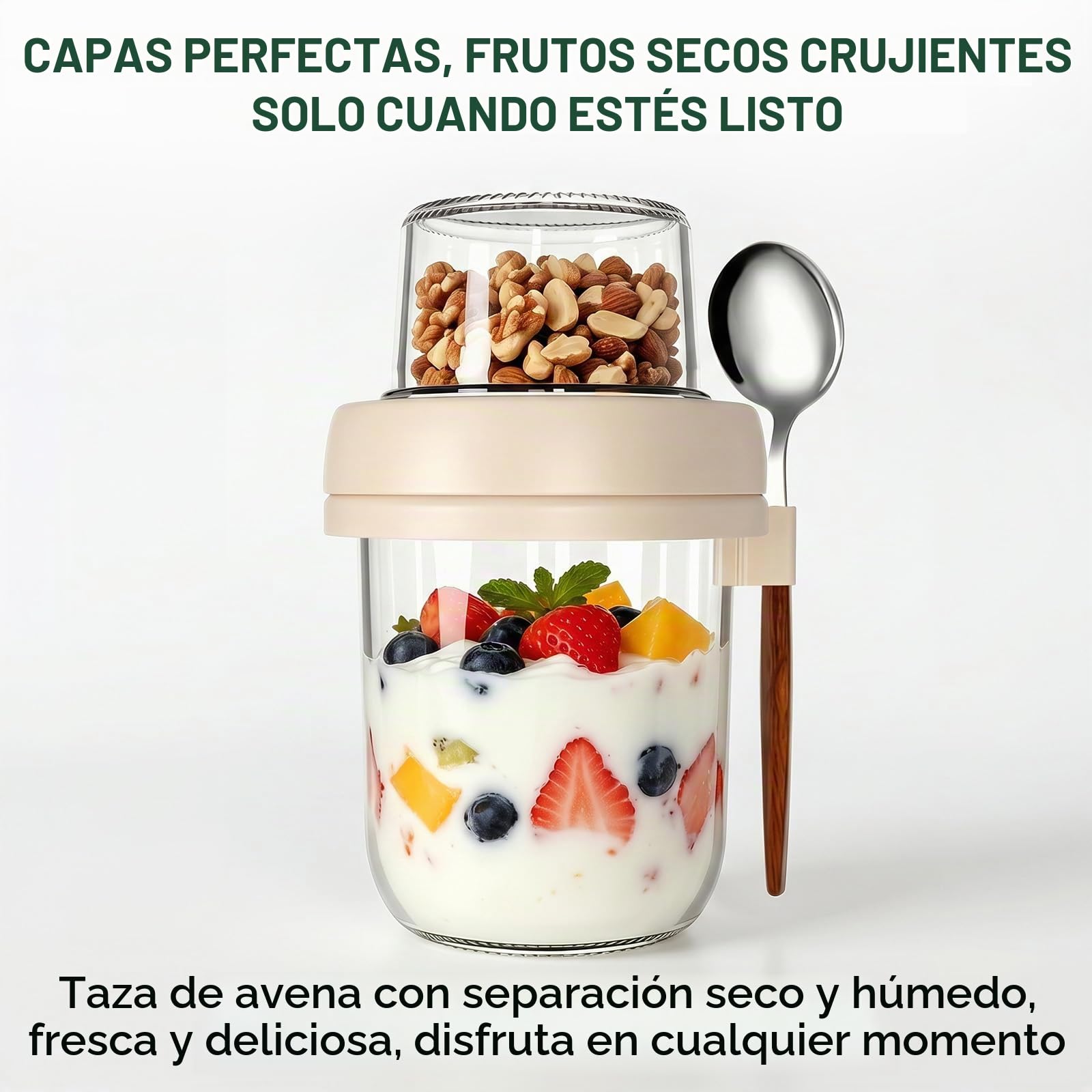 CEWROM Juego de 4 vasos de cereales para llevar, 480 ml de vidrio de avena con tapa, recipiente de cristal de doble pared con tapa, vaso de yogur para llevar y taza de cereales, adecuado para el