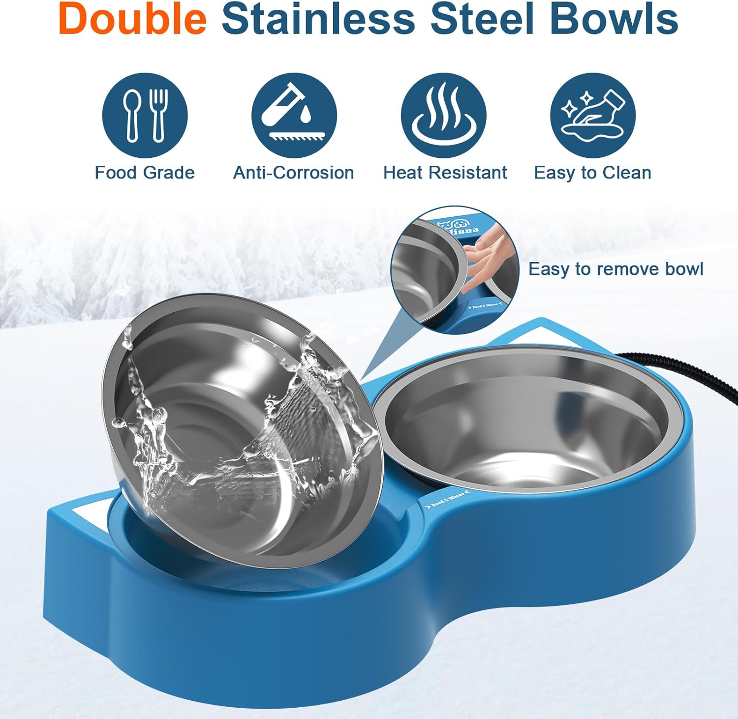 Heated Cat Bowl for Outdoor Cats in Winter, Heated Water Food Bowl with 2 Stainless Steel Bowls 23 OZ Each, Waterproof Heated Pet Bowl for Outside Cat Dog Bird, No More Frozen Food or Water.