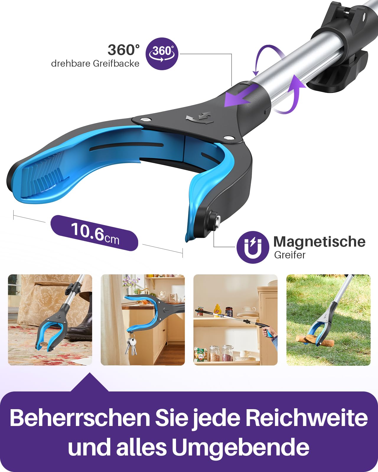 KEKOY Greifer für Senioren Testsieger 110cm Robuste Aluminium, Müllzange Greifzange Profi, Extra Langer Greifarm, Faltbare Greifer für Menschen mit Magnetspitzen(Eisblau)