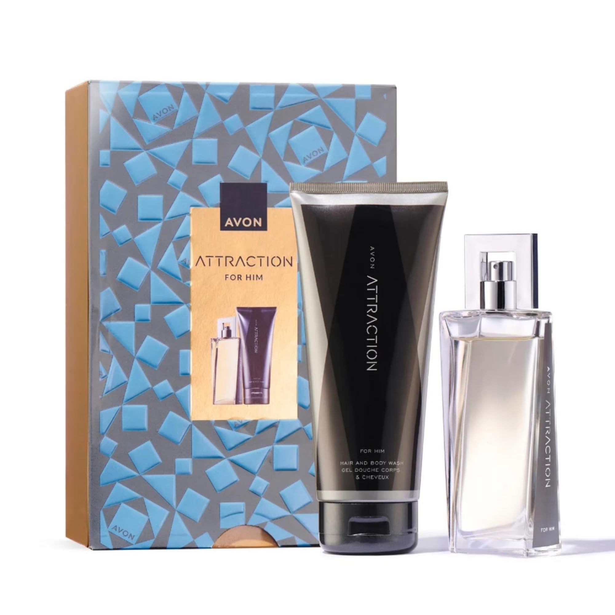 AVON Attraction Original For Him Gift Set, with Attraction Eau de Toilette 75ml & Hair and Body Wash 200ml, in a Gift Box, Woody, Amber & Musk Scent, Long-Lasting Formula, Cruelty-Free
