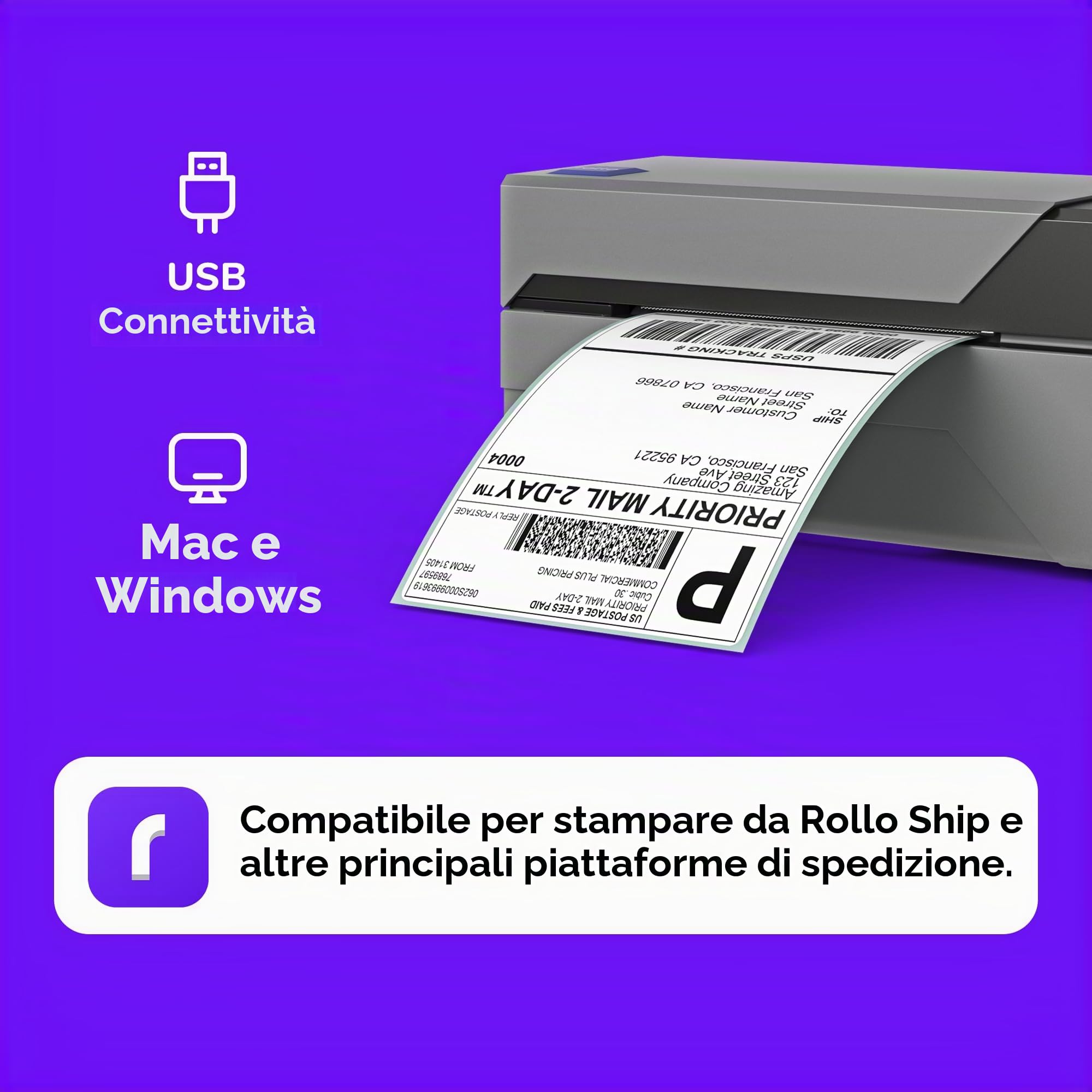 ROLLO Label Printer Commercial Grade diretto stampante termica ad alta velocità compatibile con Amazon, eBay, Etsy, Shopify 4x6 Label Printer