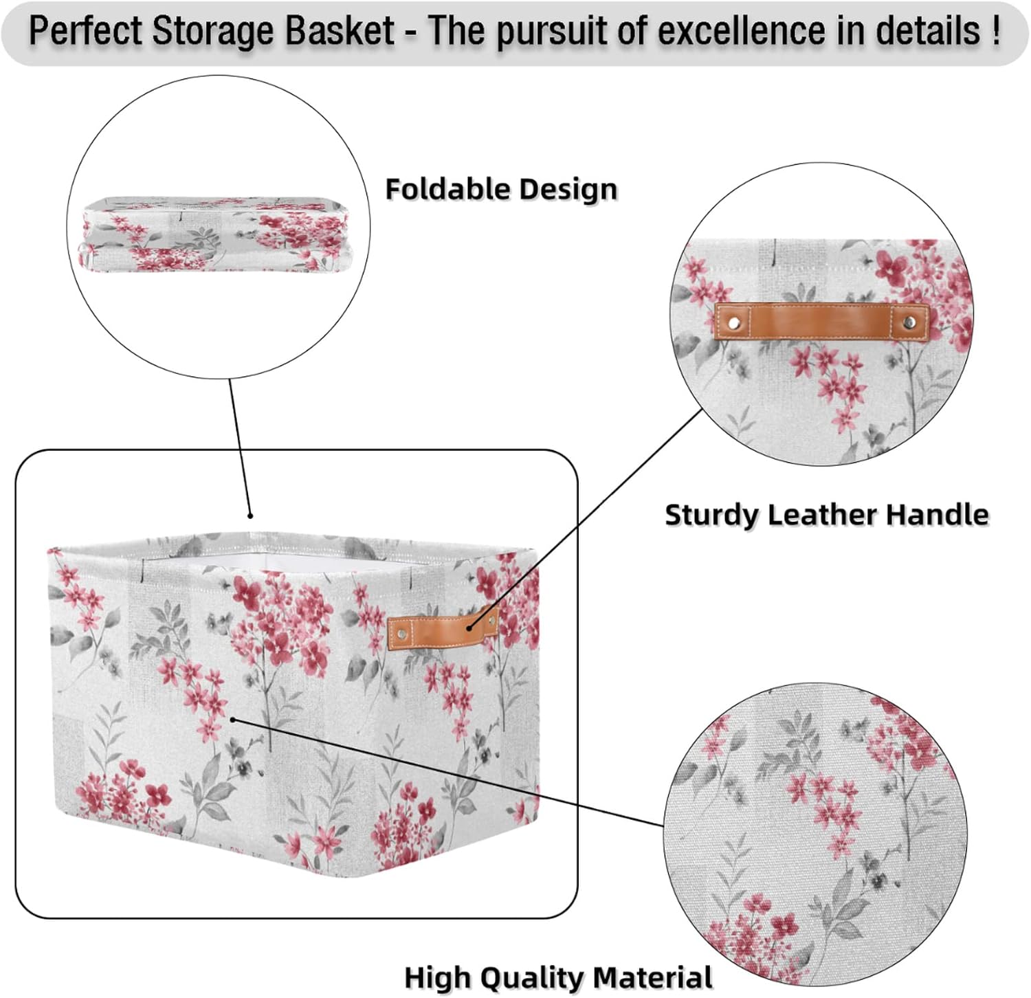 Vintage Flower Leaf Storage Basket Storage Cube Bins Watercolor Painting Canvas Collapsible Toy Basket Organizer Waterproof Laundry Box with Handle for Shelf Closet Office Bedroom, 2PCS