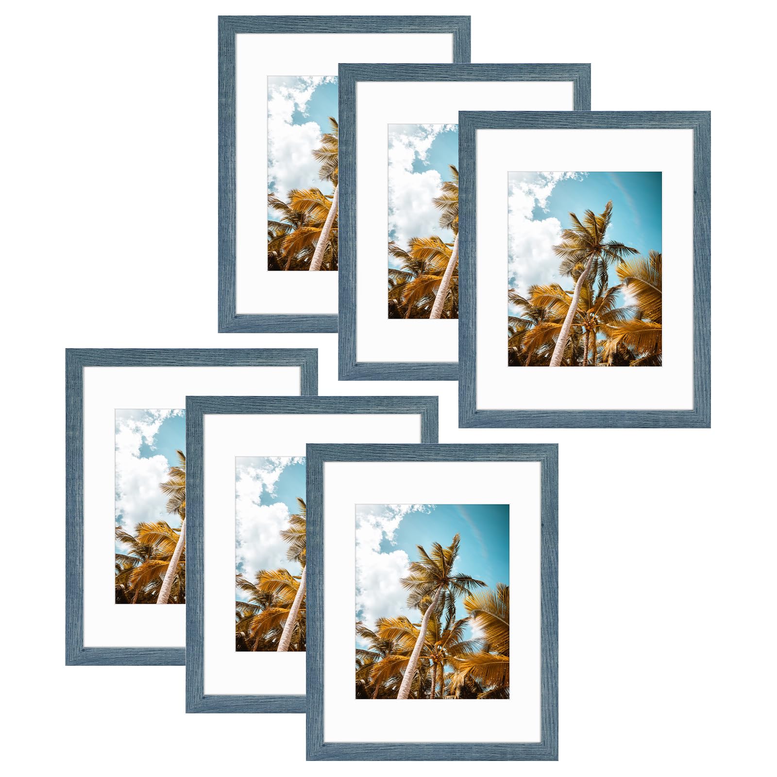 Frametory 6 Pack 11x14 Blue Picture Frame with Real Glass Mat for 8x10