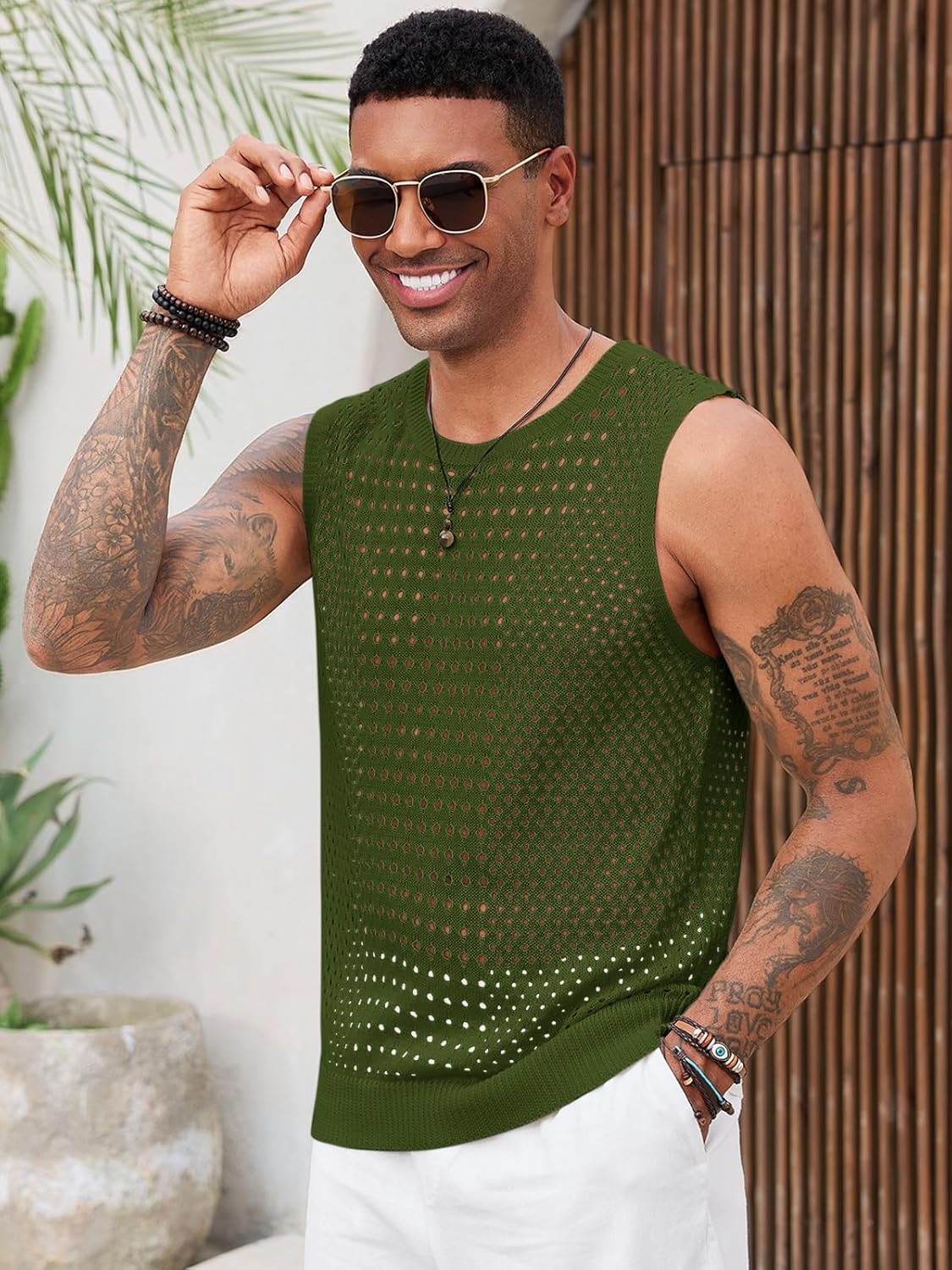 Runcati Mens Knit Sleeveless Tank Tops Casual Hollow Out T Shirts Beach Summer See Through Tops - Image 3