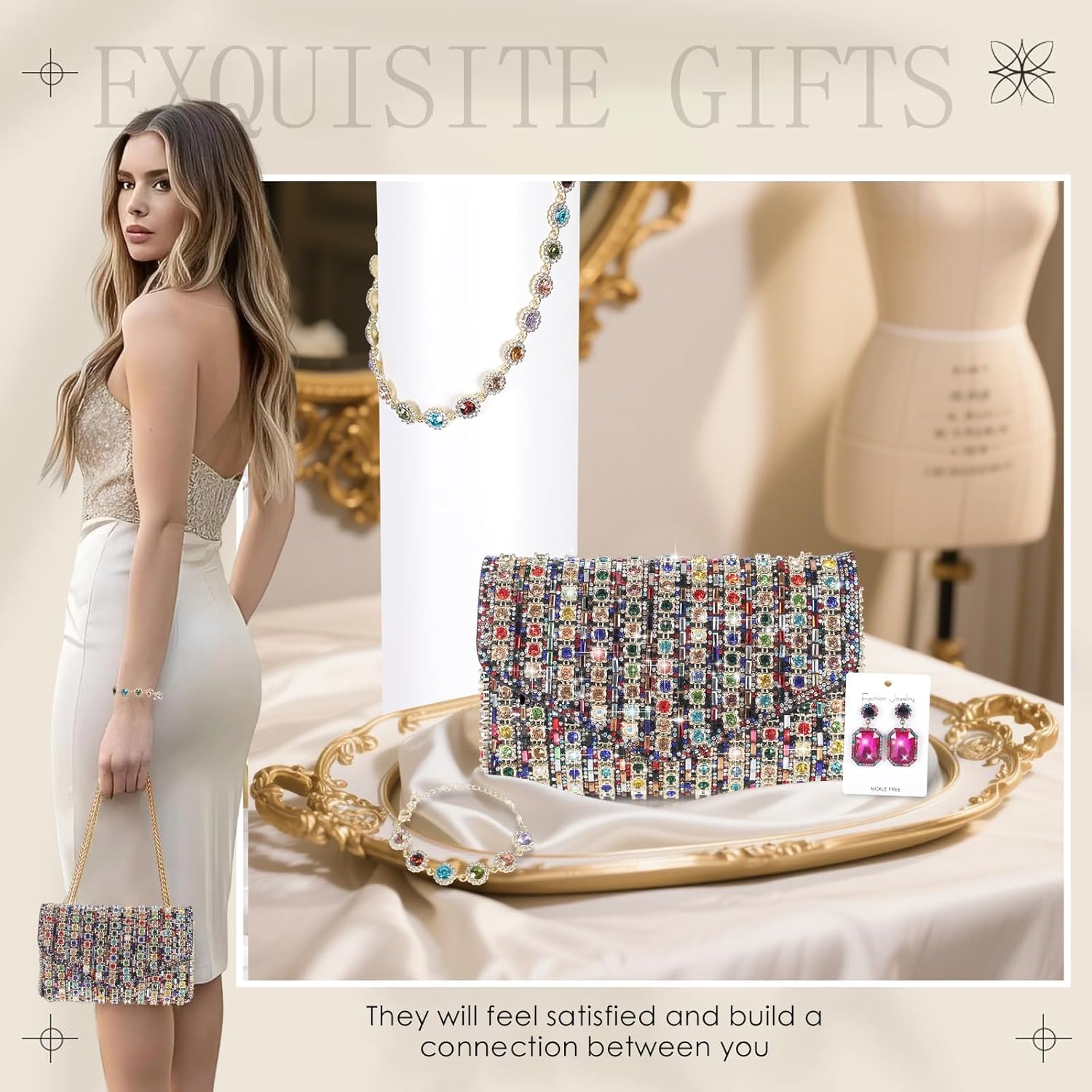 4 Pcs Colorful Rhinestone Clutch Purse for Women Rhinestone Clutch Purse Necklace Earrings Bracelet Jewelry Sets for Wedding Bridal Bridesmaid Gifts
