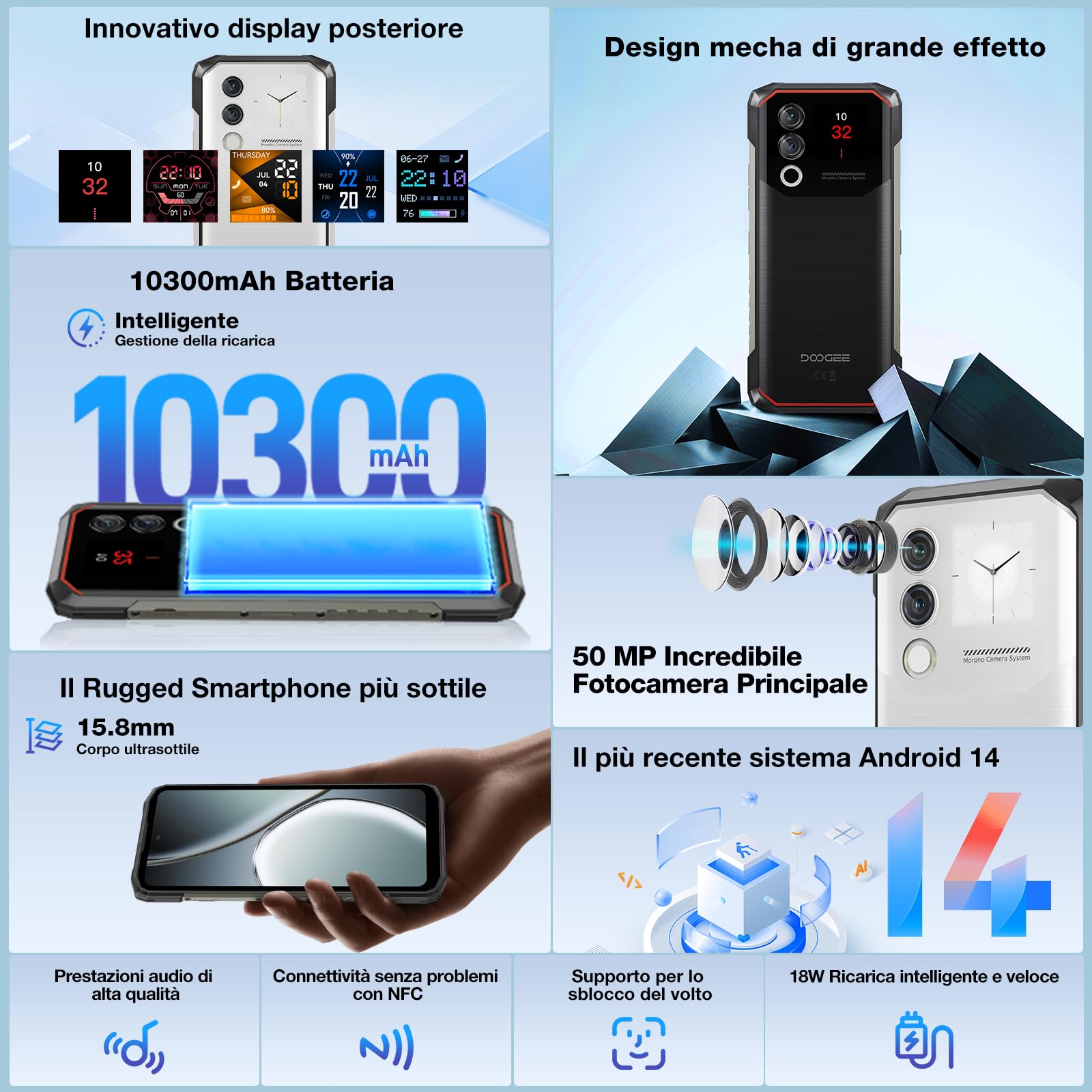 DOOGEE Blade10 MAX Rugged Smartphone, 1.54” Rear Display 6.56”HD,10300mAh Telefono Indistruttibile, 20(8+12) GB+256 GB, 50 MP+8 MP, NFC Triple Card Slot Android 14, Fingerprint Face Unlock, Argento