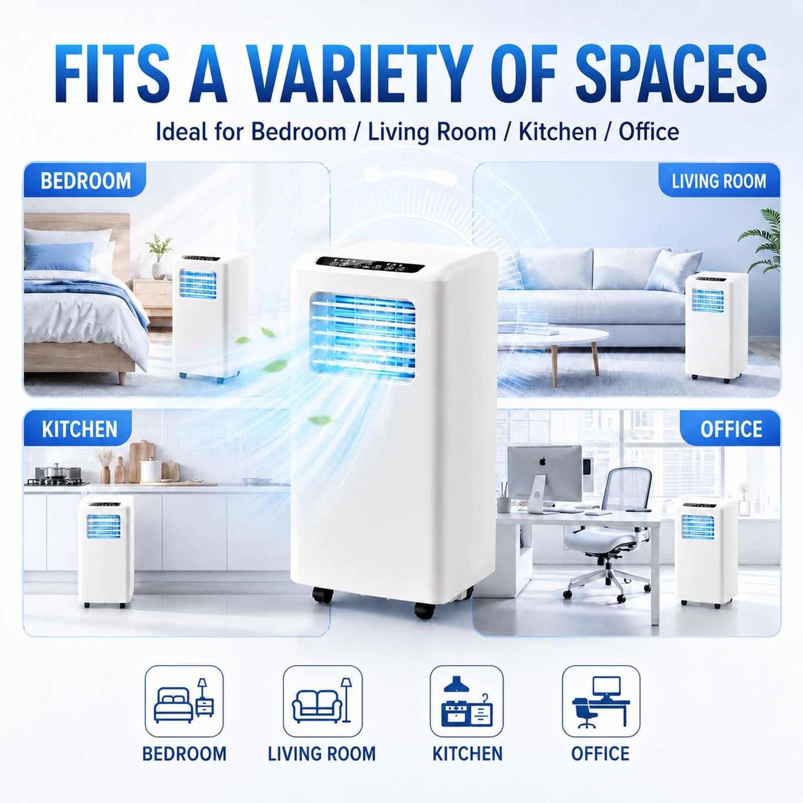 Condizionatore Portatile 3-in-1, con deumidificatore di Raffreddamento e Ventilatore, unità AC Intelligente, Display LED, Oscillazione 120° per casa e Ufficio