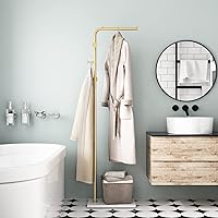 Vista 6 de Perchero dorado con base blanca, estante de entrada independiente con 3 ganchos, perchero en forma de L para chaquetas, sombreros, ropa