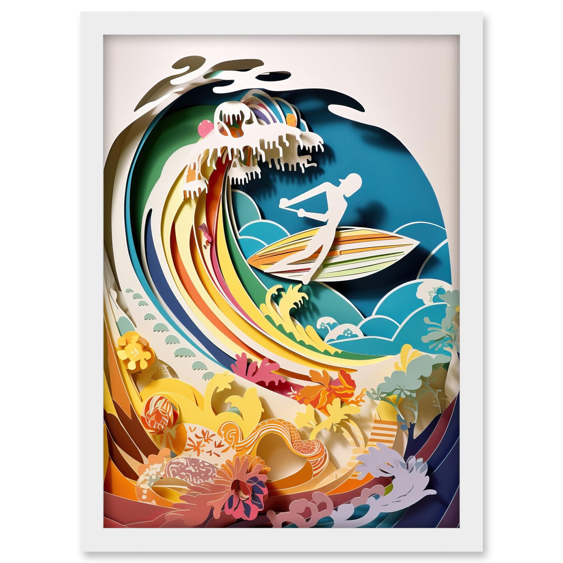 Artery8 Rainbow Kirigami Surfer Surfing Coastal Landscape Artwork Framed A3 Wall Art Print