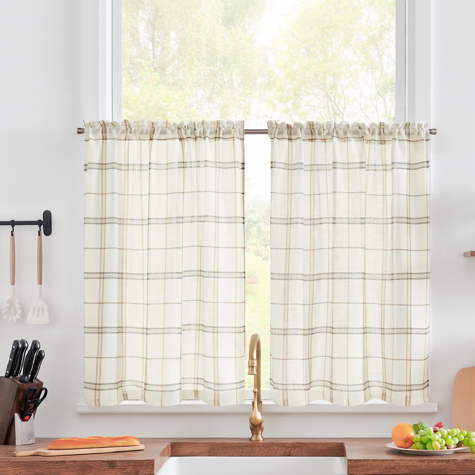 TOPICK Net Kitchen Curtains 24 Inch Drop Black Buffalo Plaid Voile Short Curtains Gingham Checkered Design Pinstripe Sheer Cafe Curtains Rustic Style for Small Window Basement Cupboard 2 Panels