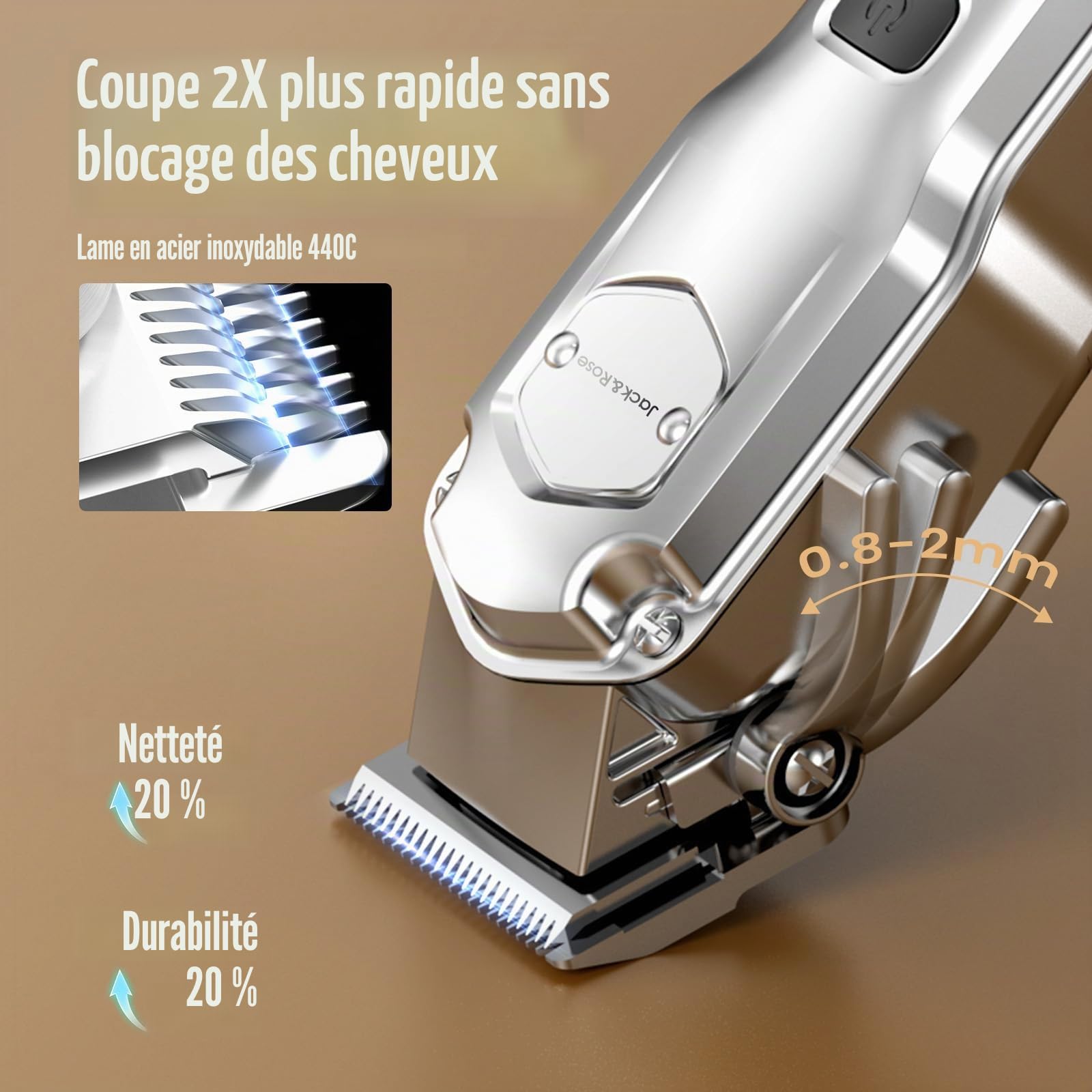 Jack & Rose Tondeuse cheveux hommes, tondeuse à cheveux pro sans Fil, IPX7 Étanche, Recharge USB, Coupe Barbe & Cheveux Homme avec indicateur LED
