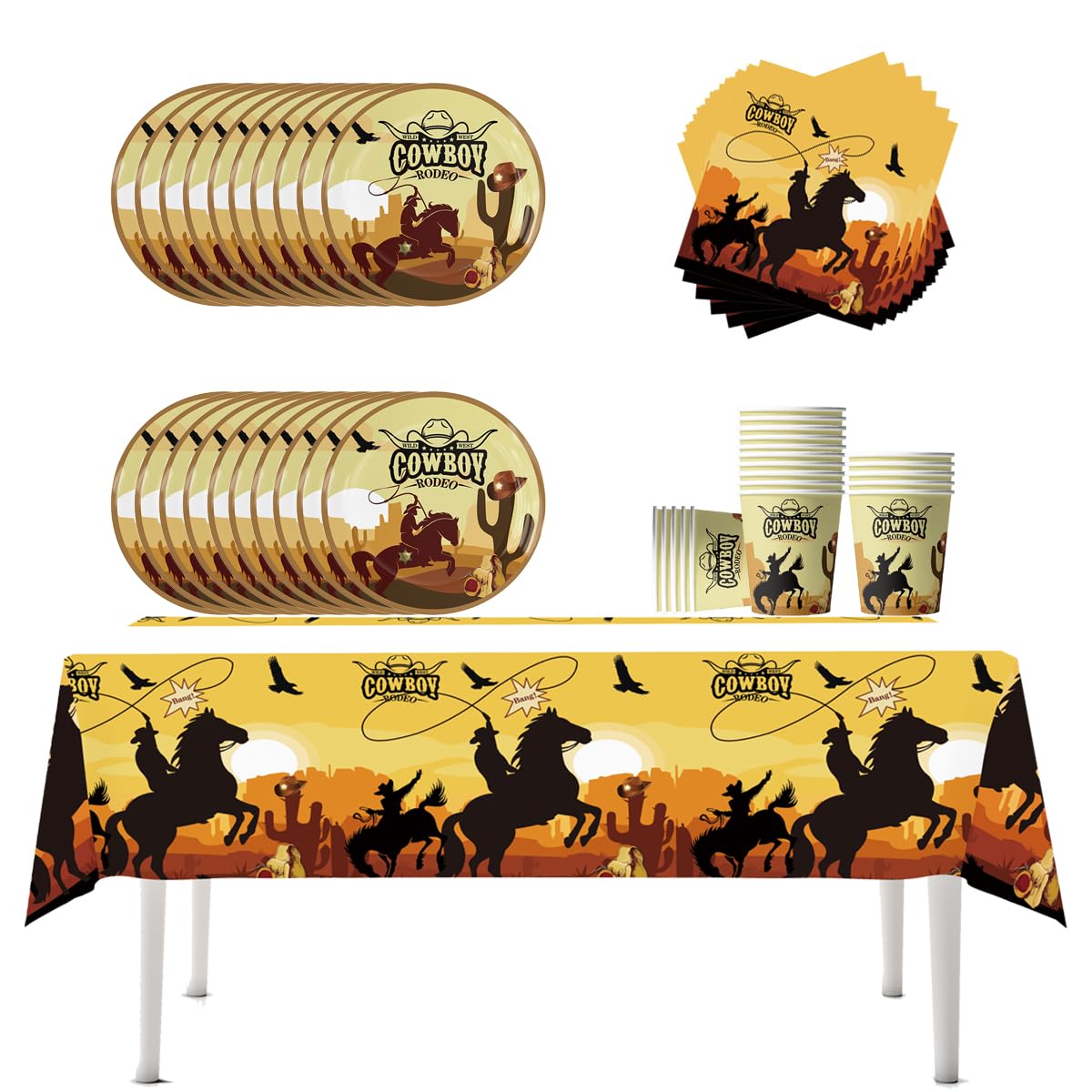 61 piece Western cowboy party tableware, Cowboy hat party decoration, children's birthday party supplies set, Includes paper cups, plates, napkins and tablecloths(20 guests)