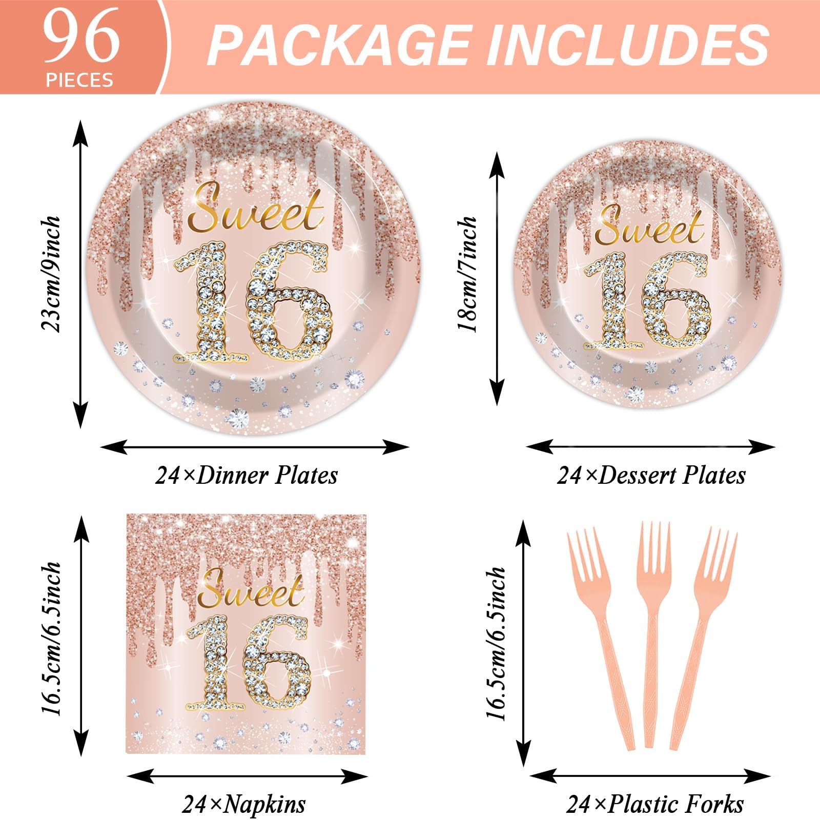 96PCS Rose Gold Sweet 16th Birthday Party Paper Plates and Napkins Sixteenth Birthday Party Decoration 16 Years Old Disposable Cake Dessert Tableware Set Serves 24 Guests Girls Ladies Supplies Favor