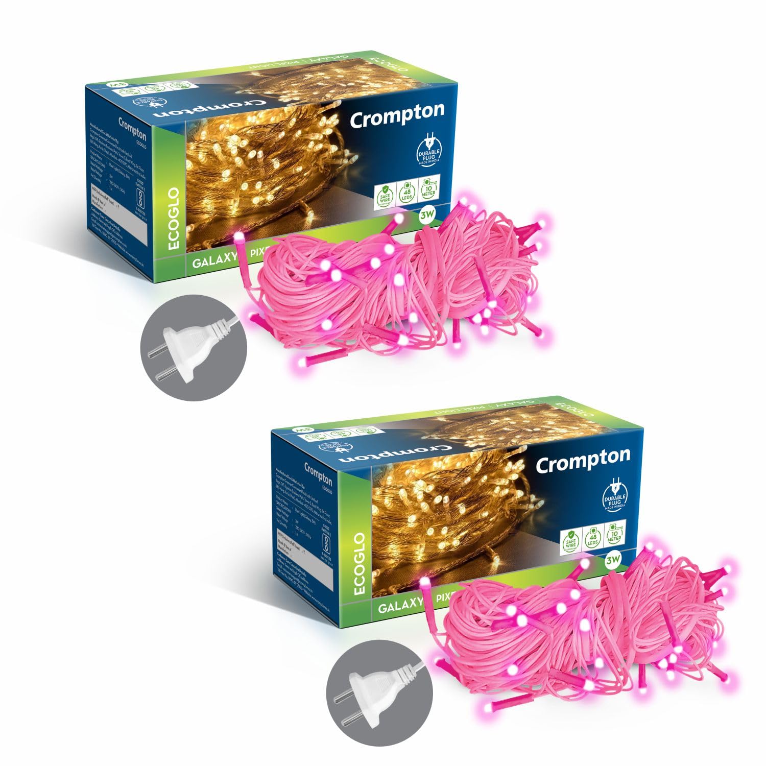Crompton Galaxy Pixel Light | Festive Ladi Lights | 10 Meter | 48 LEDs | Pink | Pack of 2 | Direct 2-pin Plug | BIS Safe Wire | for Home Decoration, Diwali, Festival, Birthday, Marriage