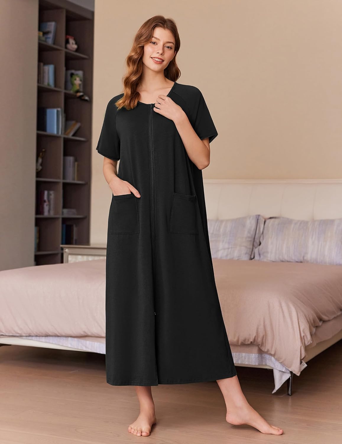 Ekouaer Women's Zipper Robes Full Length Short Sleeve Housecoats House Dress with Pockets Loungewear Nightgown B-Black,3XL - Image 3
