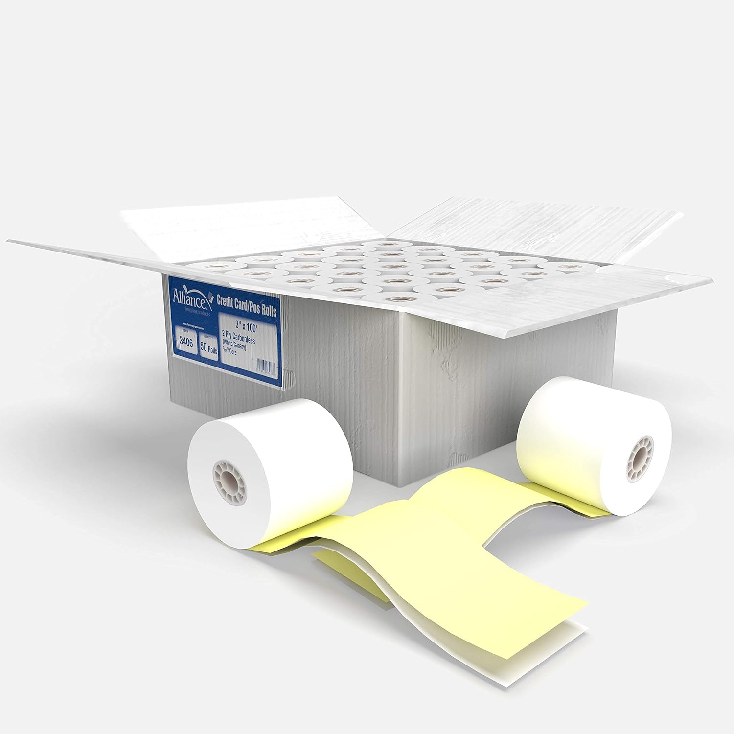 Alliance, Receipt Rolls, Paper, 3" x 65' x 7/16" Core, 3 Ply White/Canary/Pink, 50 Rolls Per Carton