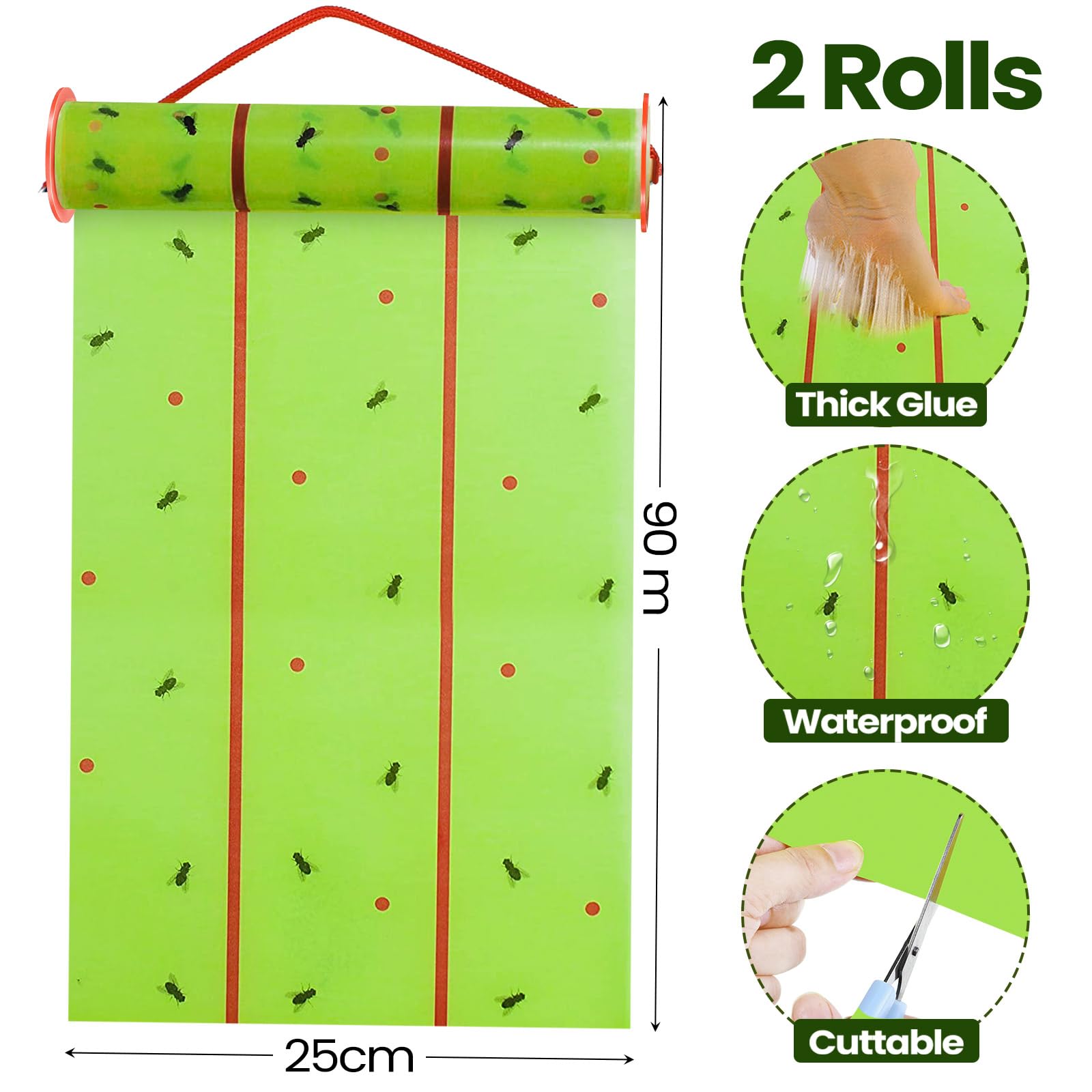 Qualirey - Trappole per mosche giganti, strisce per mosche da appendere per interni ed esterni, nastro atossico, per piante e zanzare, casetta per cavalli (9 m, verde)