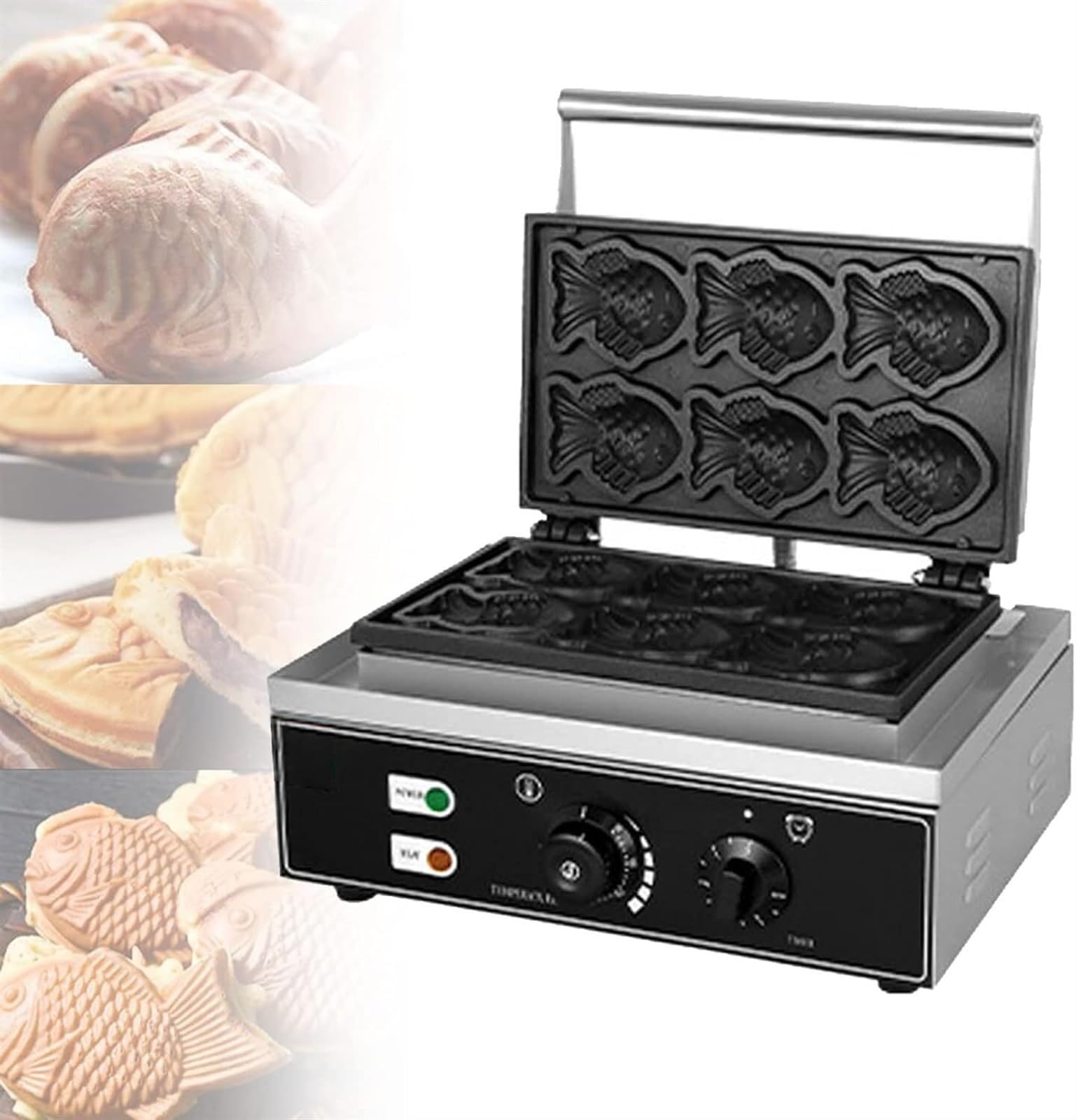 Piastra per waffle professionale a forma di pesce, antiaderente, per waffle belgi, facile da pulire, con controllo della temperatura regolabile, design compatto in acciaio inossida,