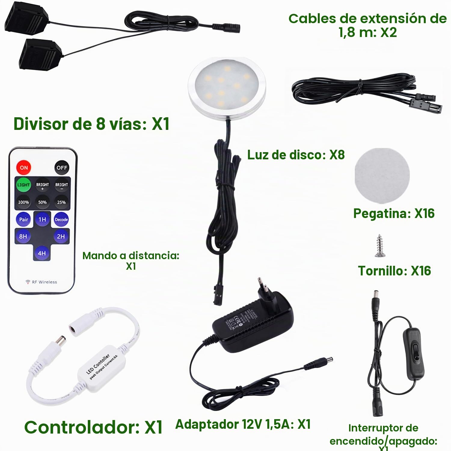 AIBOO LEDCocina Regulable Debajo de La Luz del Gabinete con Control Remoto Inalámbrico por RF,Iluminación Empotrada en Gabinete LED,8 Paquetes de Luces LED de 12V16W con Pantalla(Blanco Frio 6000K)