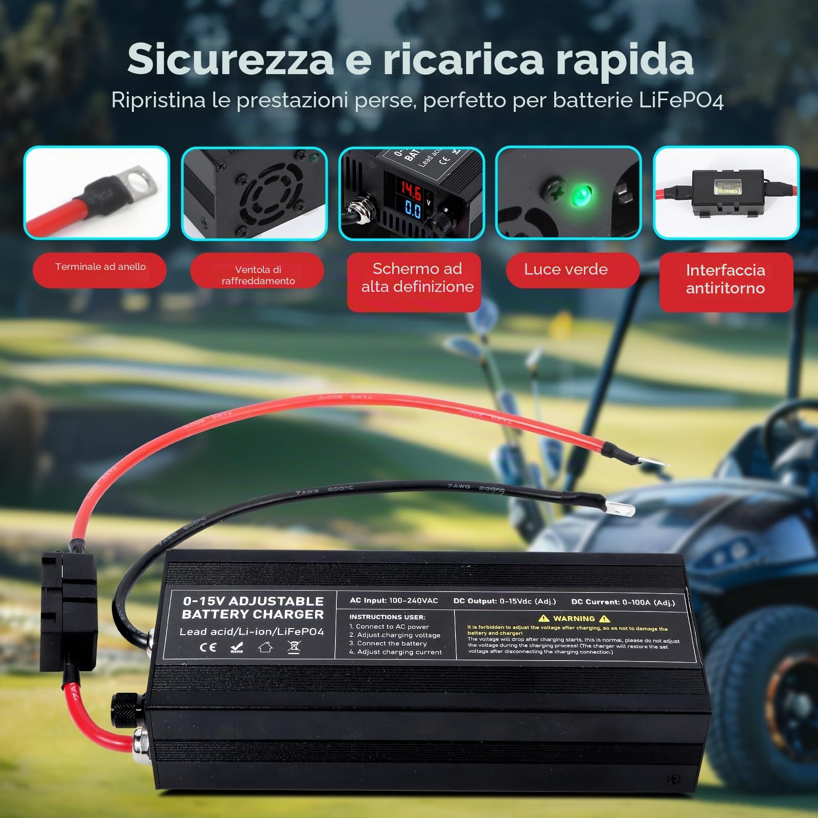 Caricabatterie LiFePO4 14.6V 100A con Display Intelligente, Regolabile 0-15V/0-100A, Protezione Inversione Polarità, Ricarica Rapida per Batterie Litio 12V/14V