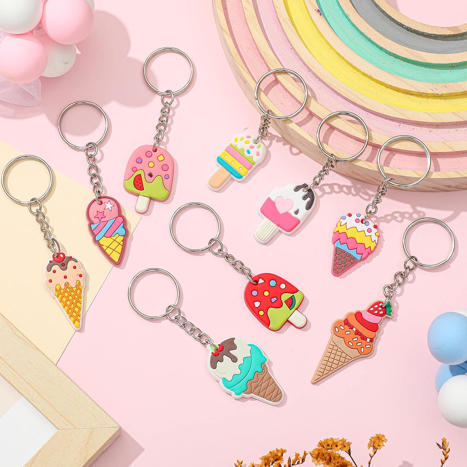 Sasylvia 36 Pcs Cute Ice Cream Party Favors Keychains Bulk 9 Styles Summer Party Goodie Bag Gifts Sweet Cone Birthday Decorations for Women Men Charm Accessories Supplies