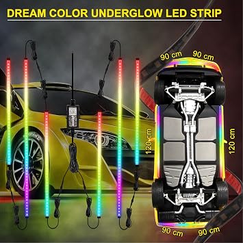 Exterior Car Underglow LED Strip Lights, 6PCS Dream Color Chasing Neon Accent Lights Kit, 16 Million Colors Waterproof Sound Actived Underbody System Lights, Bluetooth APP Control, DC 12V