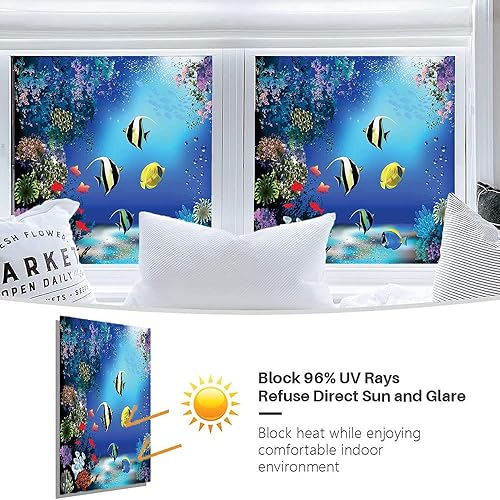 Miniatura 4 de Película adhesiva subacuática para ventana, tropical submarina con peces coloridos nadando en el océano, imagen de arrecifes de coral, para bloqueo