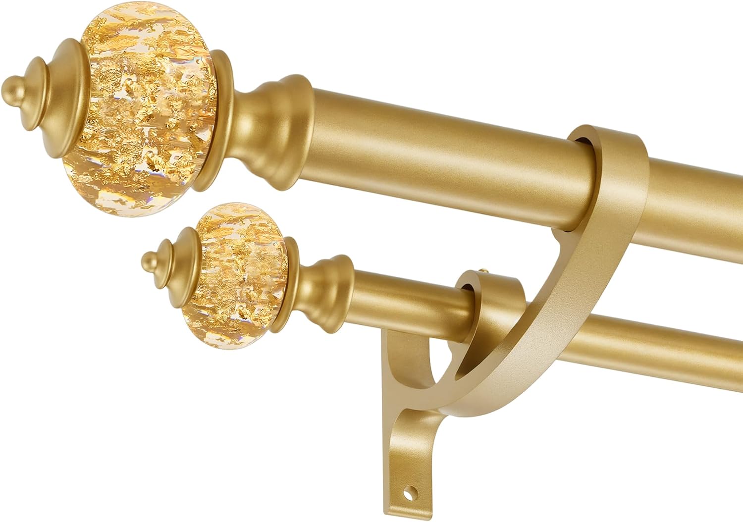 Double Curtain Rods for Windows 36 to 72 Inches, 1 Inch Front and 5/8 Inch Back Heavy Duty Double Curtain Rod, Decorative Drapery Rod with Stacking Tower Translucent Finials and Aluminum Bracket, Gold