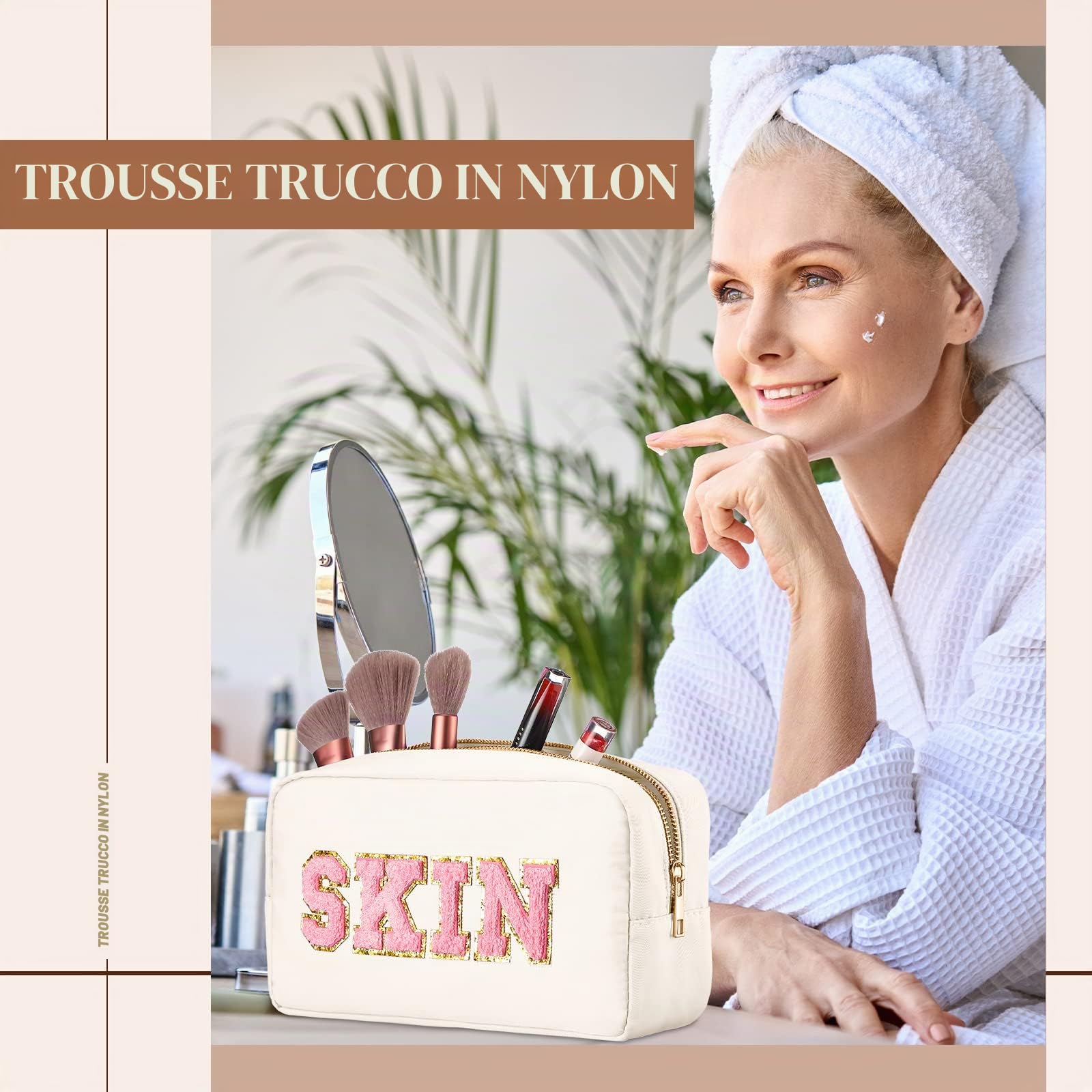 4 sacchetti per trucco preppy in ciniglia, con lettere, in nylon, con cerniera, per articoli da toeletta da viaggio, da donna