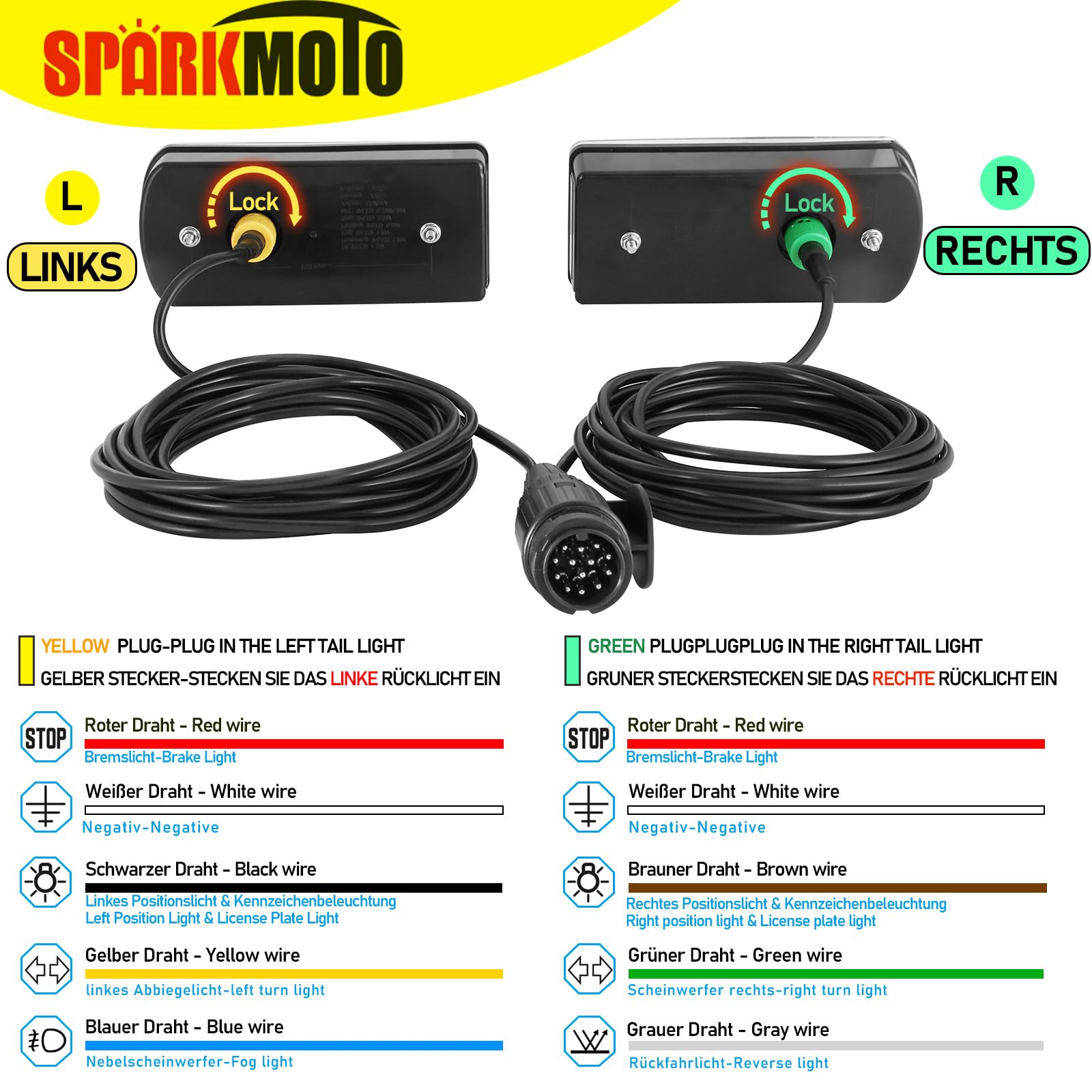 Feux de Remorque Led 12V 24V Avec Faisceau 13 Broches 5.5M Câblé Avec Connecteur Baïonnette 5 Broches,Kit Feux Arrière Éclairage Remorque 13 Broches